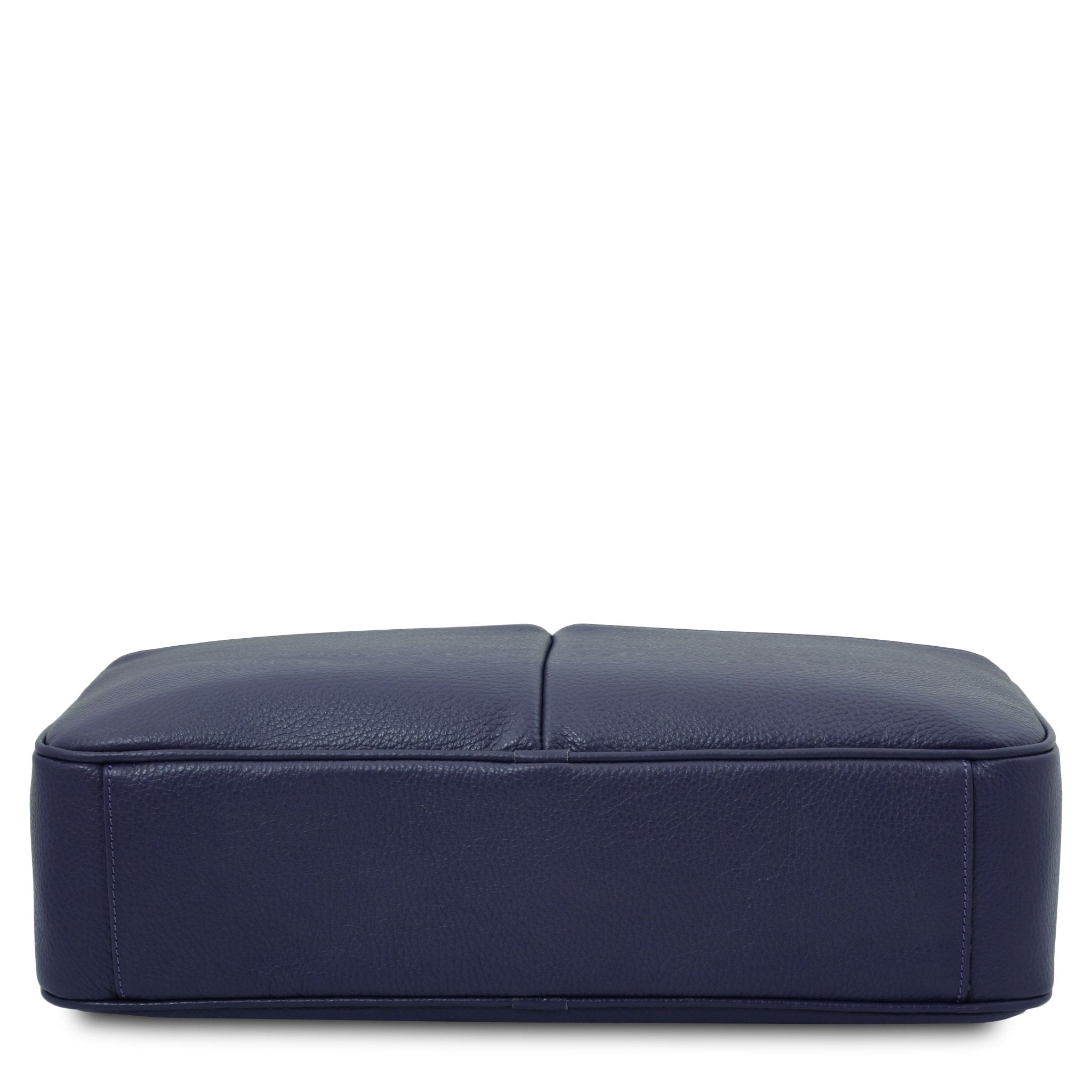 Bottom view Treviso Leather Laptop Briefcase in dark blue on a white background