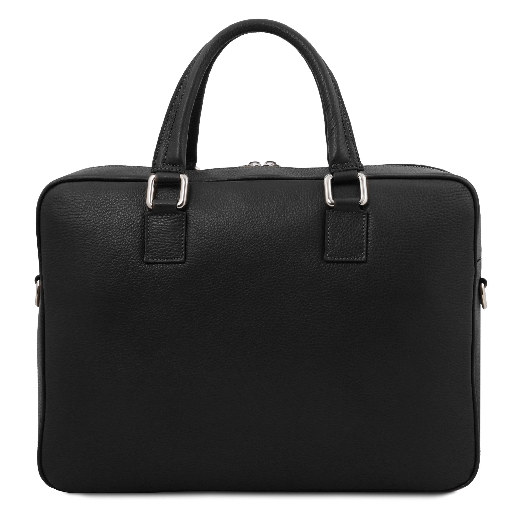 Back view Treviso Leather Laptop Briefcase in black on a white background
