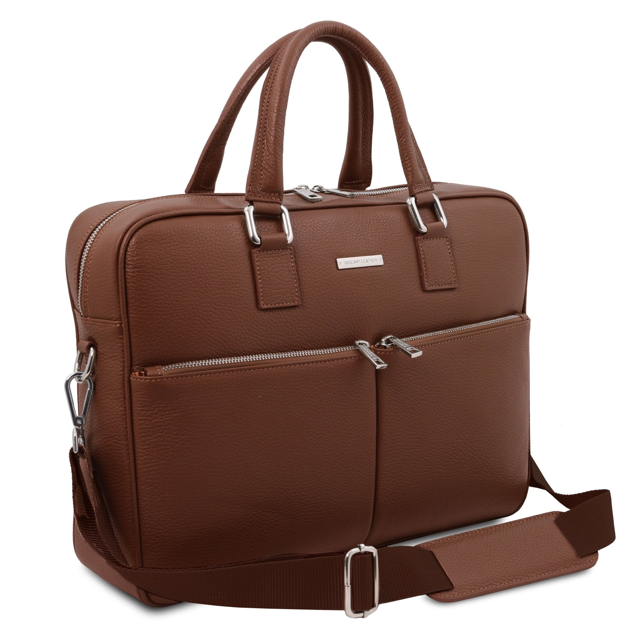 Front angled view Treviso Leather Laptop Briefcase in coffee on a white background with detachable padded shoulder strap.