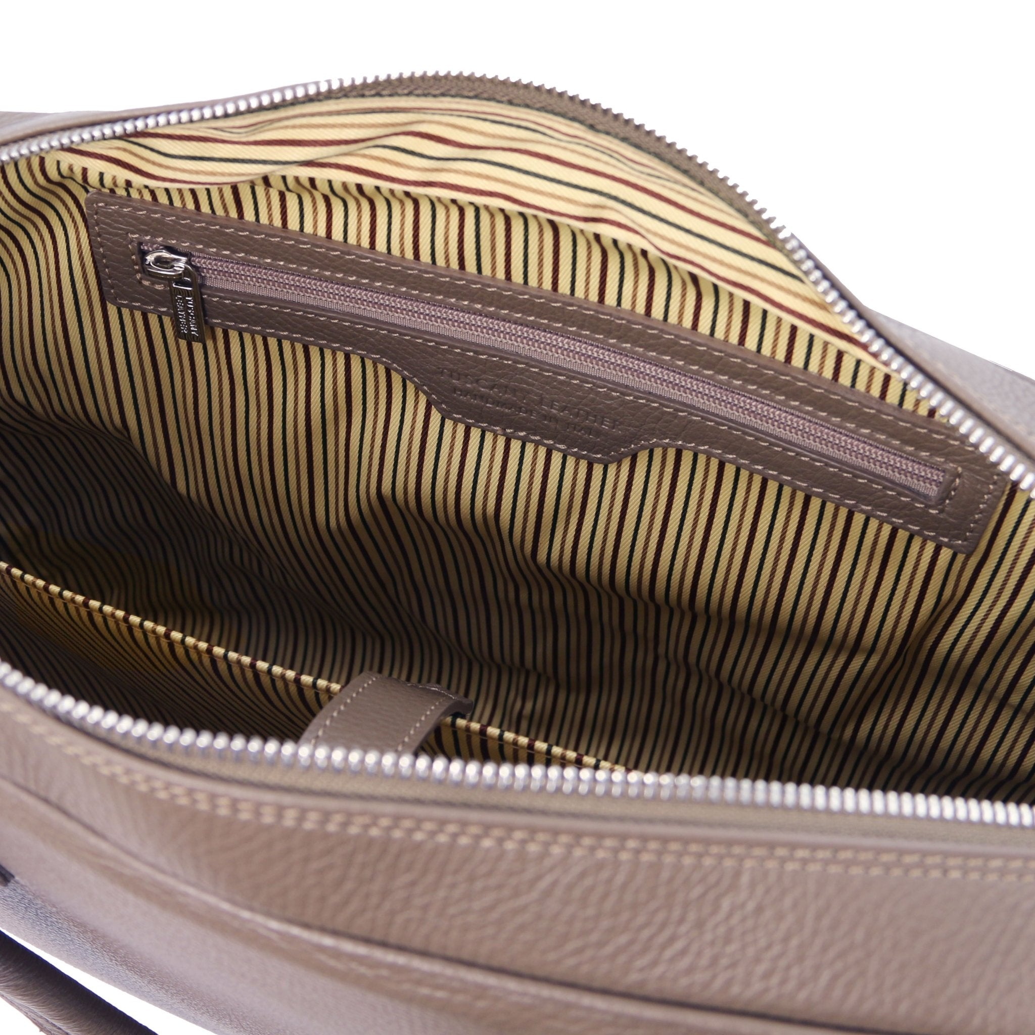 Interior zippered pocket view Treviso Leather Laptop Briefcase in dark blue showing the cotton striped lining