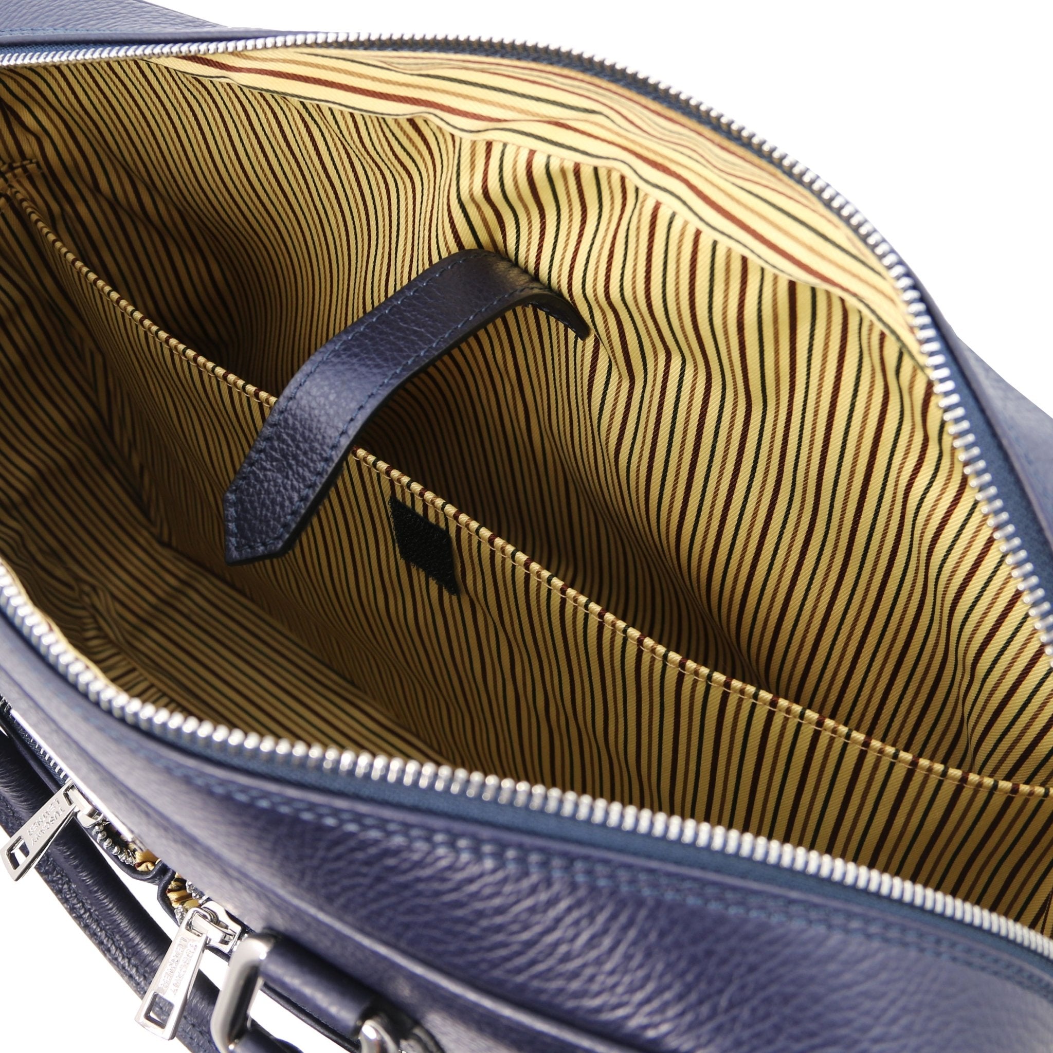 Interior laptop pocket view Treviso Leather Laptop Briefcase in dark blue showing the cotton striped lining