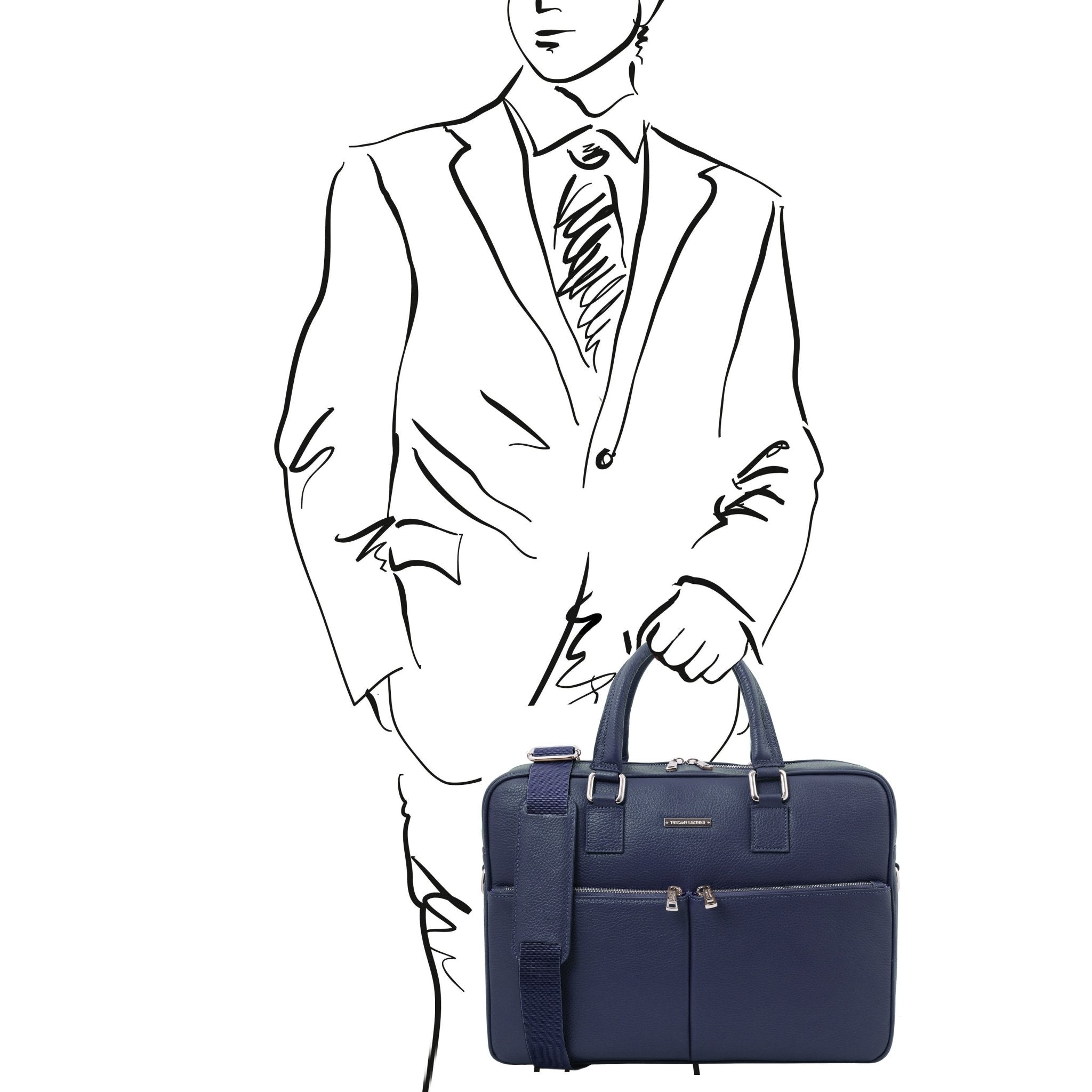 A black and white sketch of a man in a suit and tie holding the Treviso Leather Laptop Briefcase in dark blue on a white background