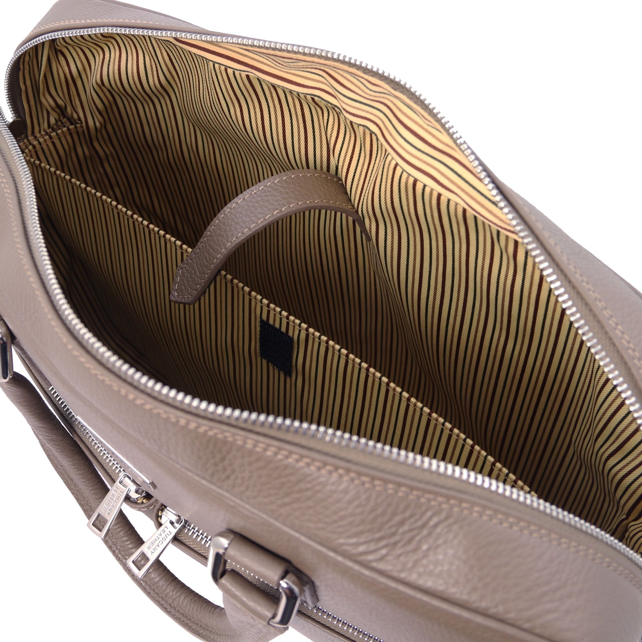 Interior laptop pocket view Treviso Leather Laptop Briefcase in dark taupe showing the cotton striped lining