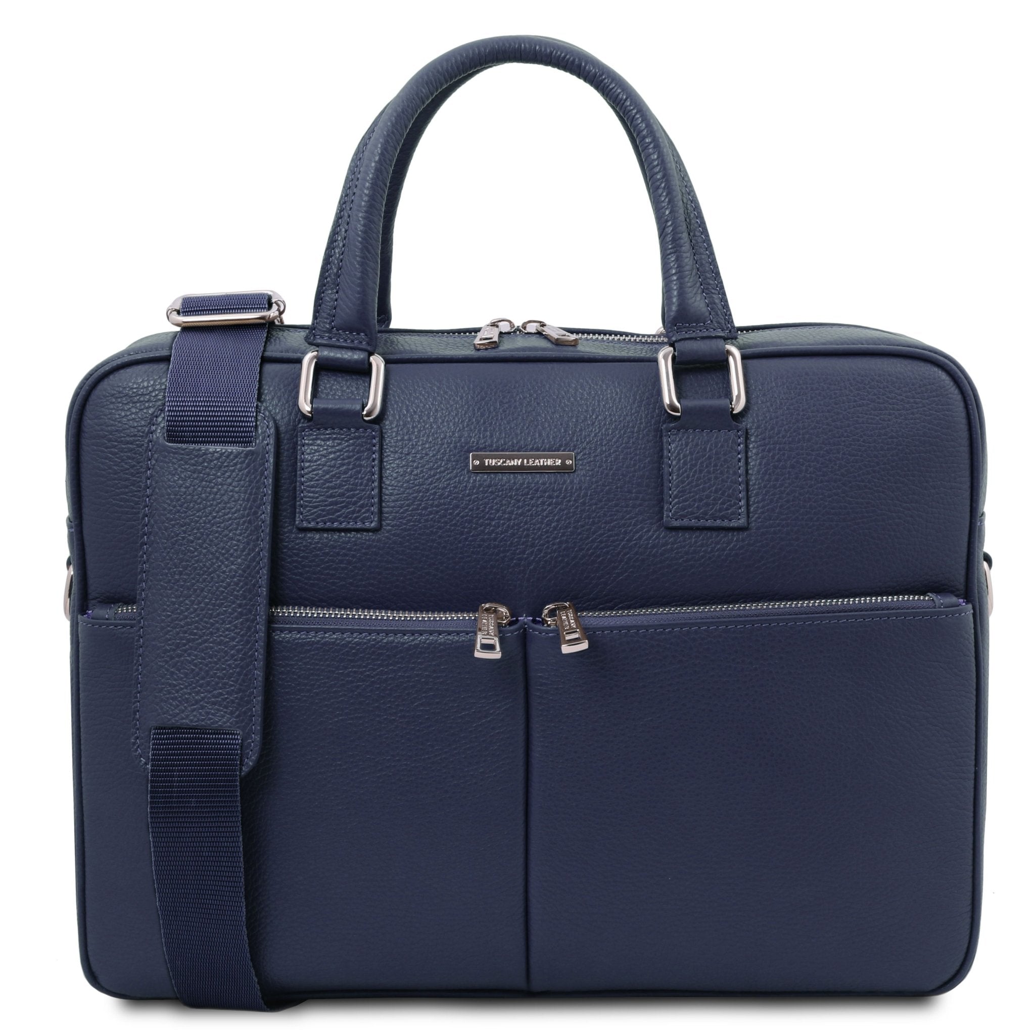 Front view Treviso Leather Laptop Briefcase in dark blue on a white background, silver tone hardware