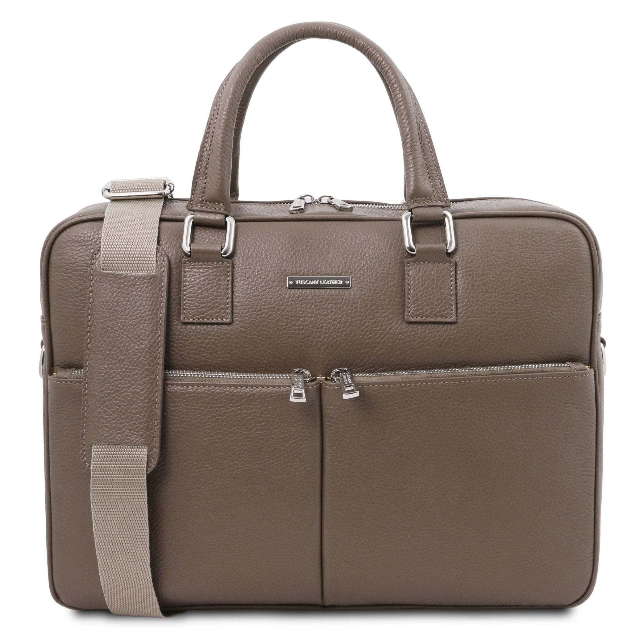 Front view Treviso Leather Laptop Briefcase in dark taupe on a white background, silver tone hardware
