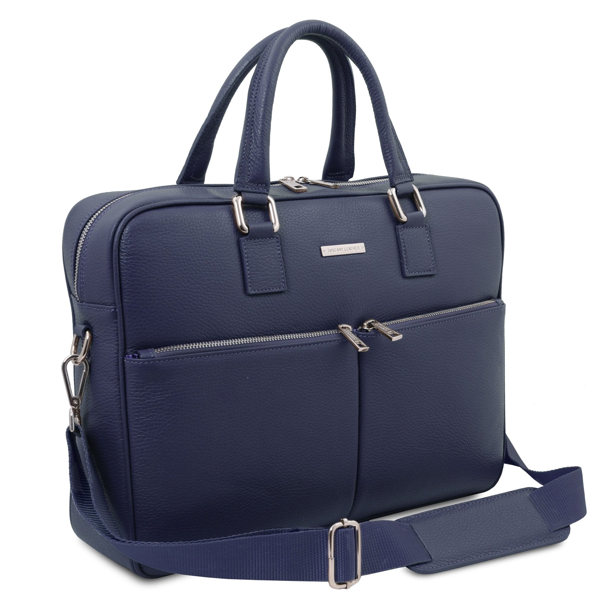 Front angled view Treviso Leather Laptop Briefcase in dark blue on a white background with detachable padded shoulder strap.