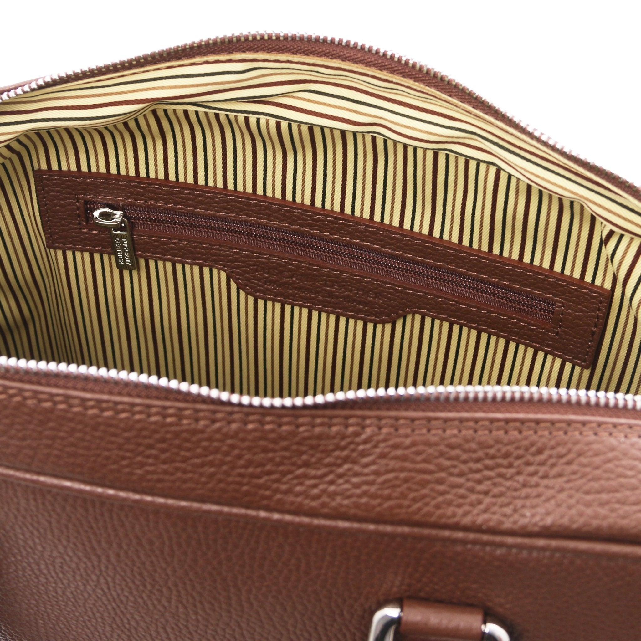 Interior zippered pocket view Treviso Leather Laptop Briefcase in coffee showing the cotton striped lining