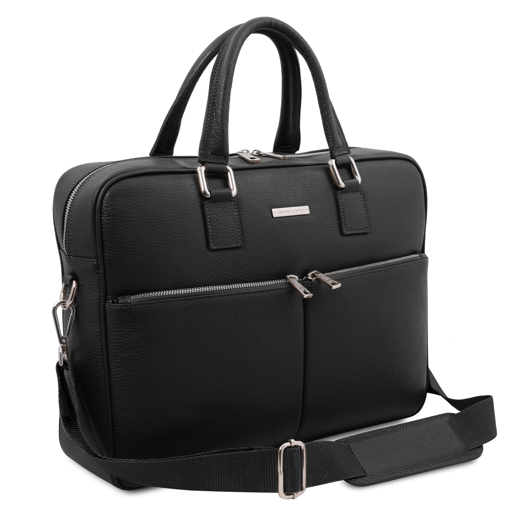 Front angled view Treviso Leather Laptop Briefcase in black on a white background with detachable padded shoulder strap.