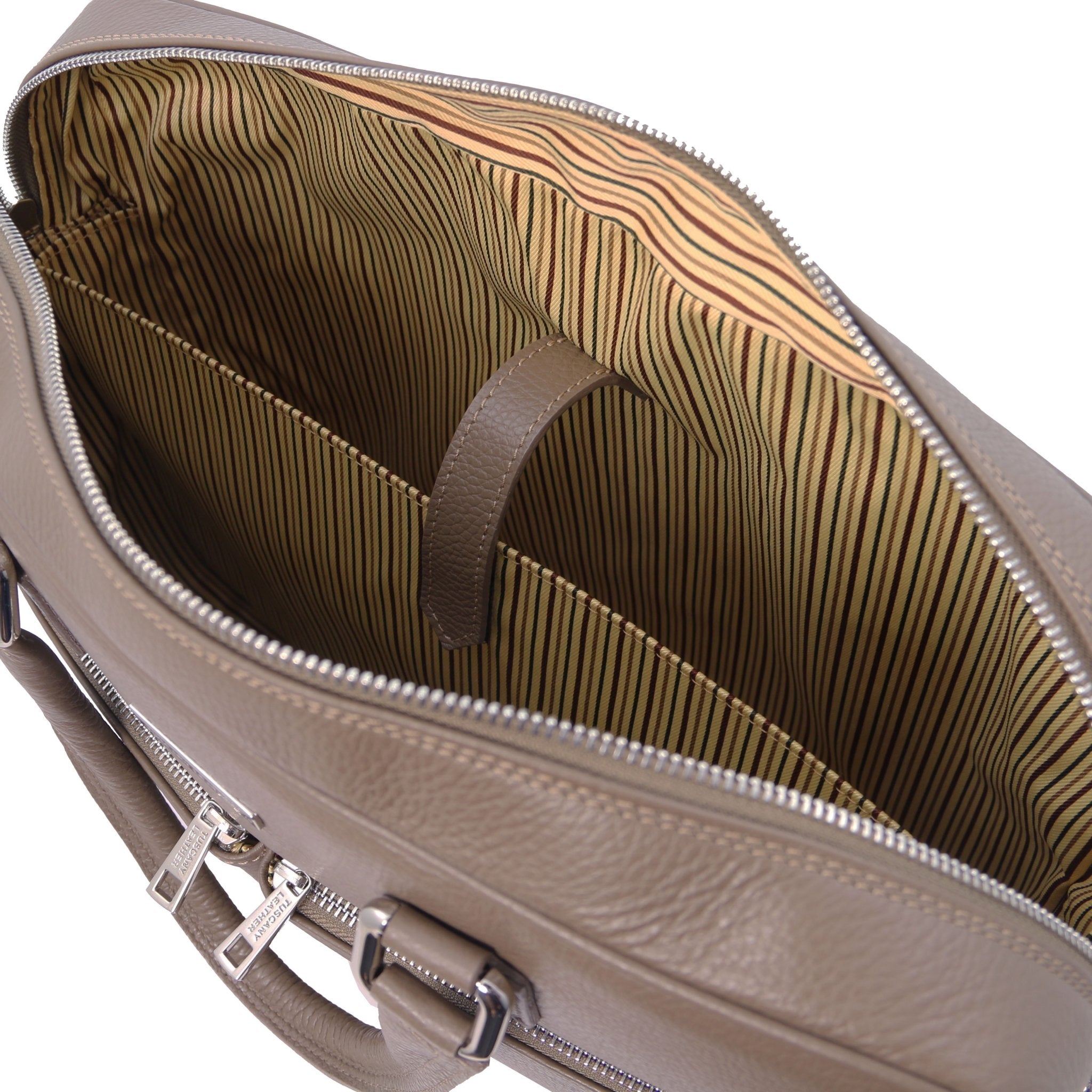 Interior laptop pocket closed view Treviso Leather Laptop Briefcase in dark blue showing the cotton striped lining