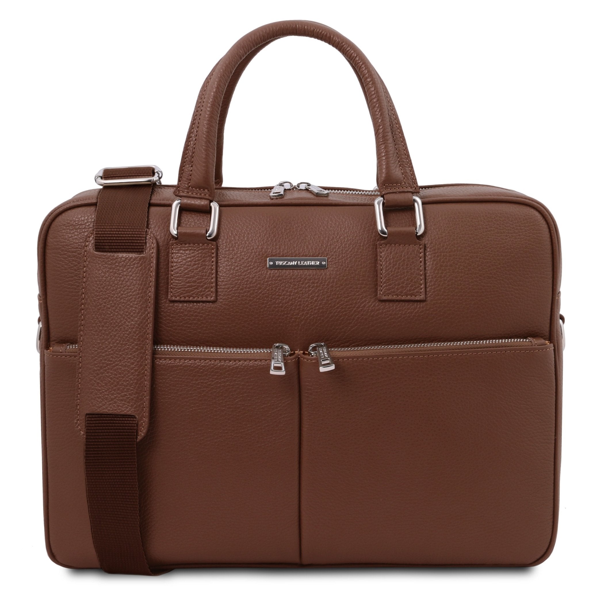Front view Treviso Leather Laptop Briefcase in coffee on a white background, silver tone hardware