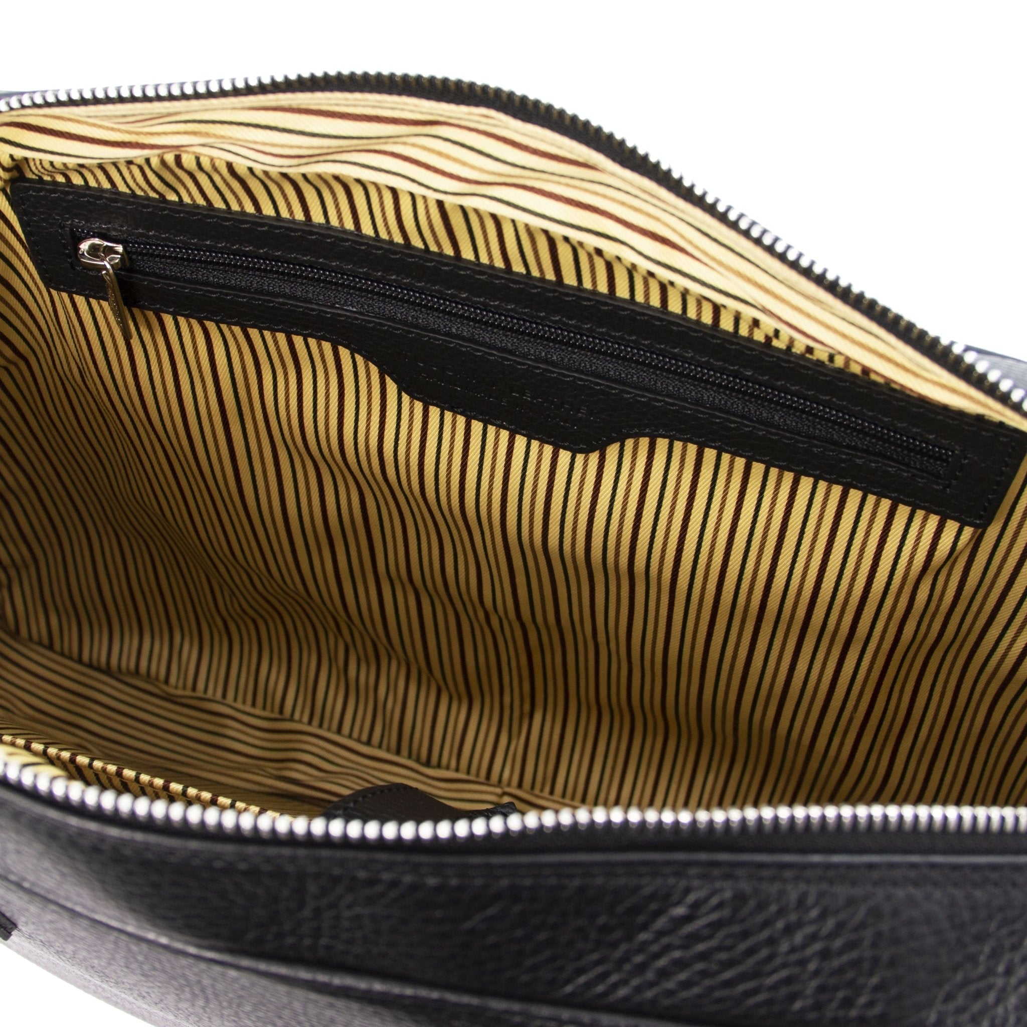 Interior zippered pocket view Treviso Leather Laptop Briefcase in black showing the cotton striped lining