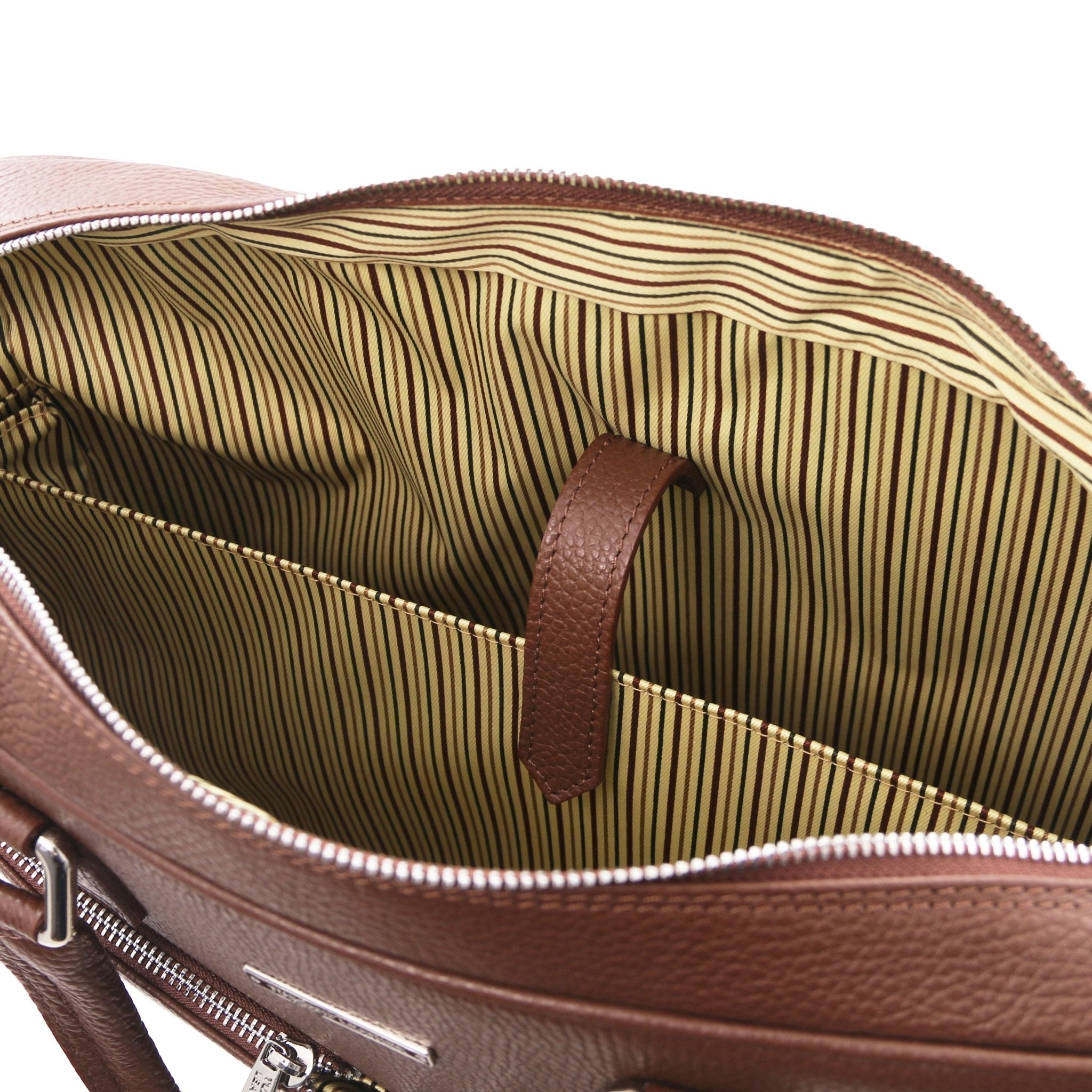 Interior laptop pocket view Treviso Leather Laptop Briefcase in coffee showing the cotton striped lining