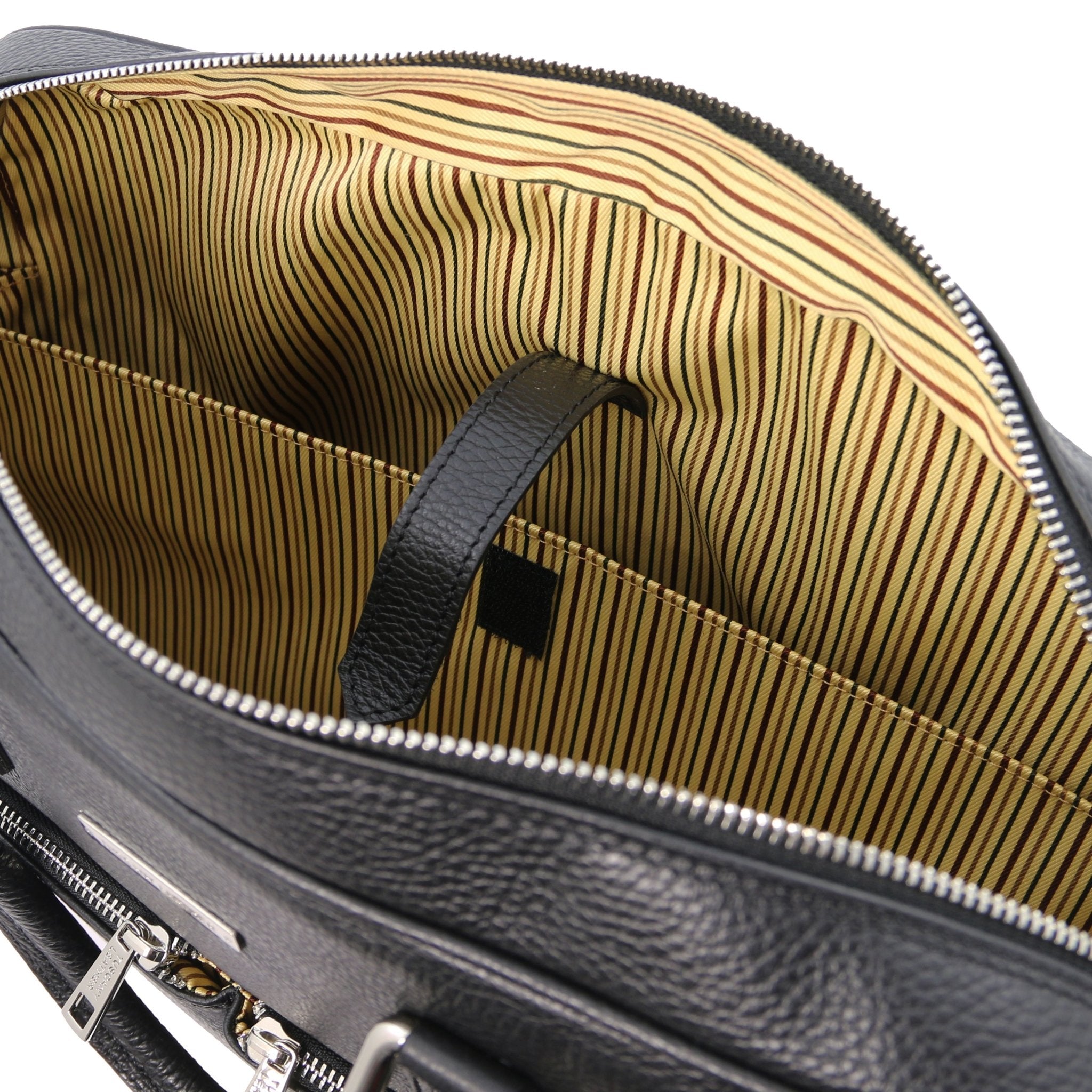Interior laptop pocket view Treviso Leather Laptop Briefcase in black showing the cotton striped lining