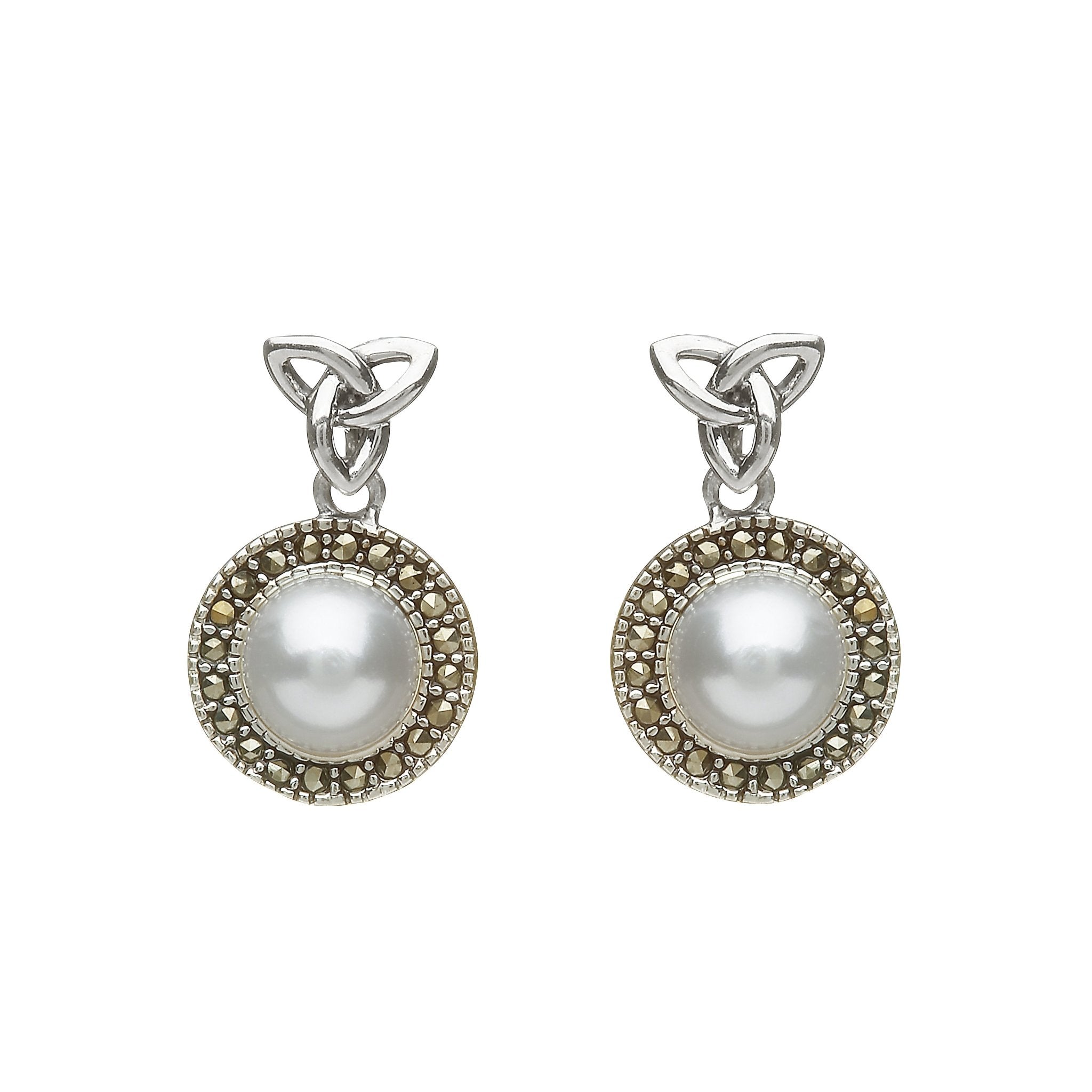Trinity Pearl Marcasite Earrings on a white background- L'Atelier Global