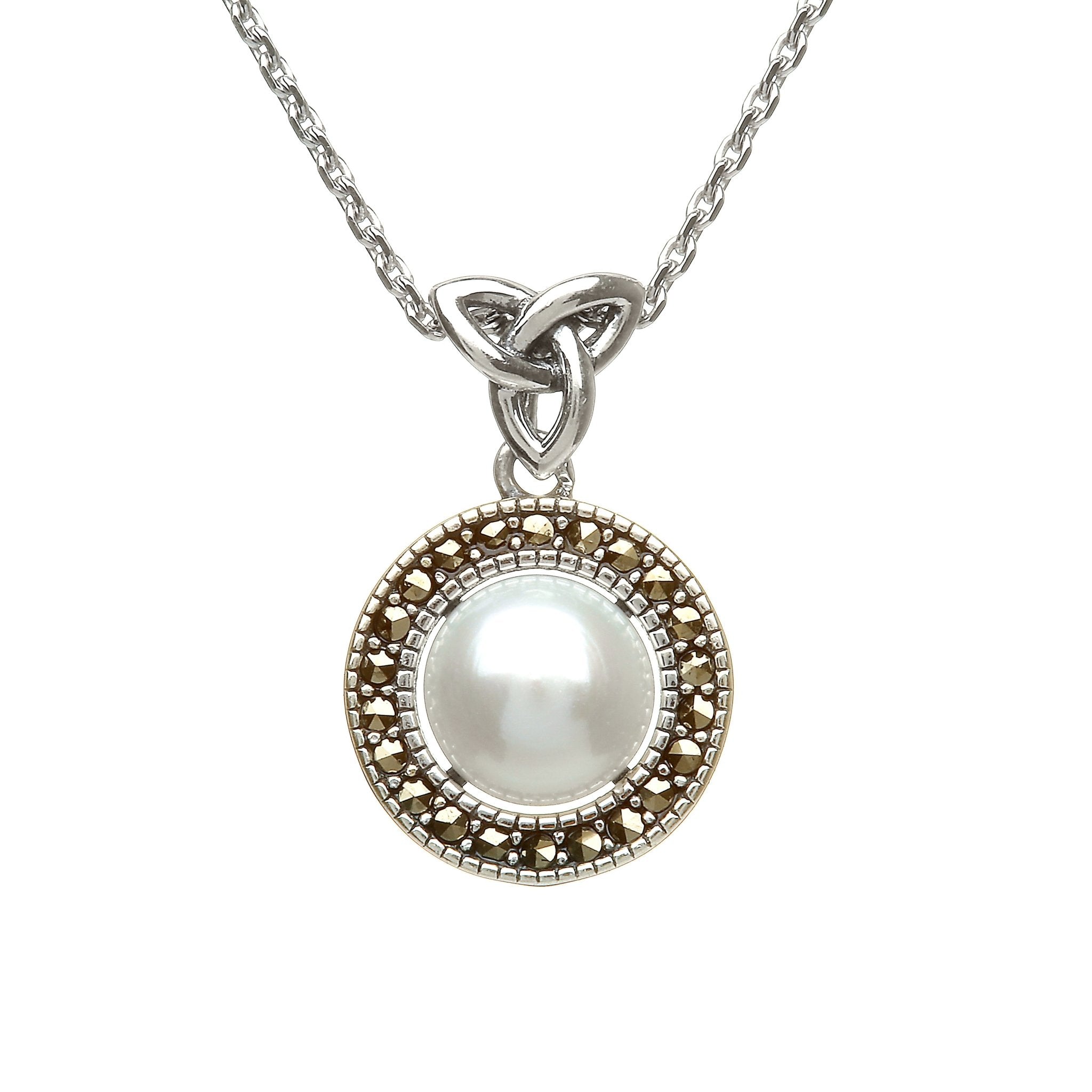 Trinity Pearl Marcasite Necklace on a white background- L'Atelier Global