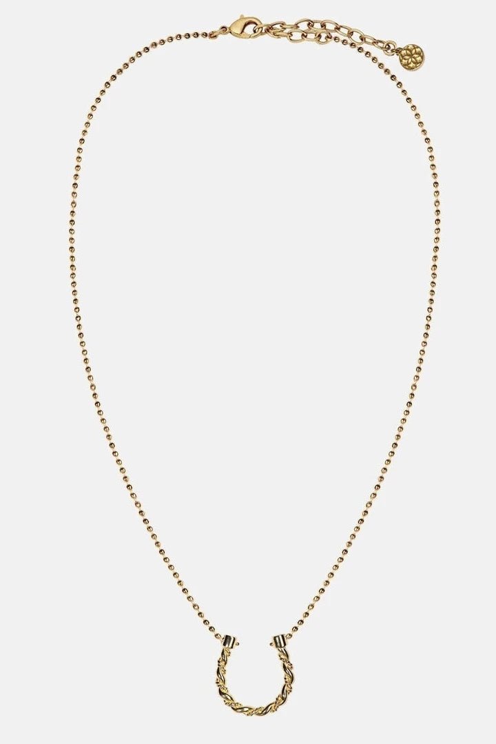 Triple Twist Lariat Horseshoe Necklace in Gold showing the whole necklace including extender