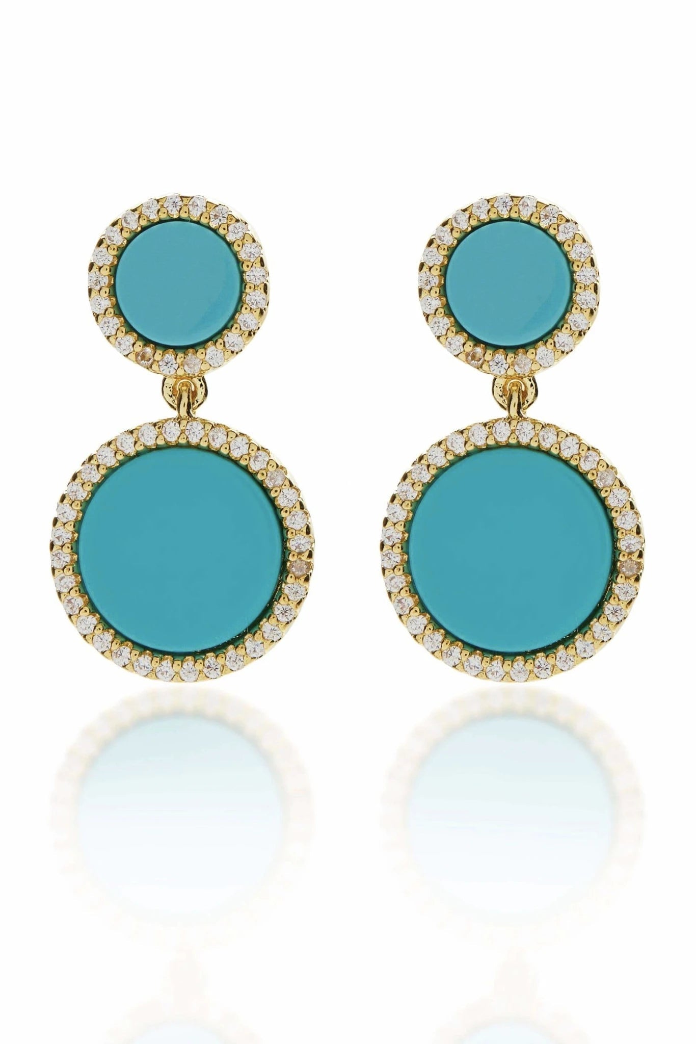 Turquoise Tier Drop Earrings with CZ accents on a white background