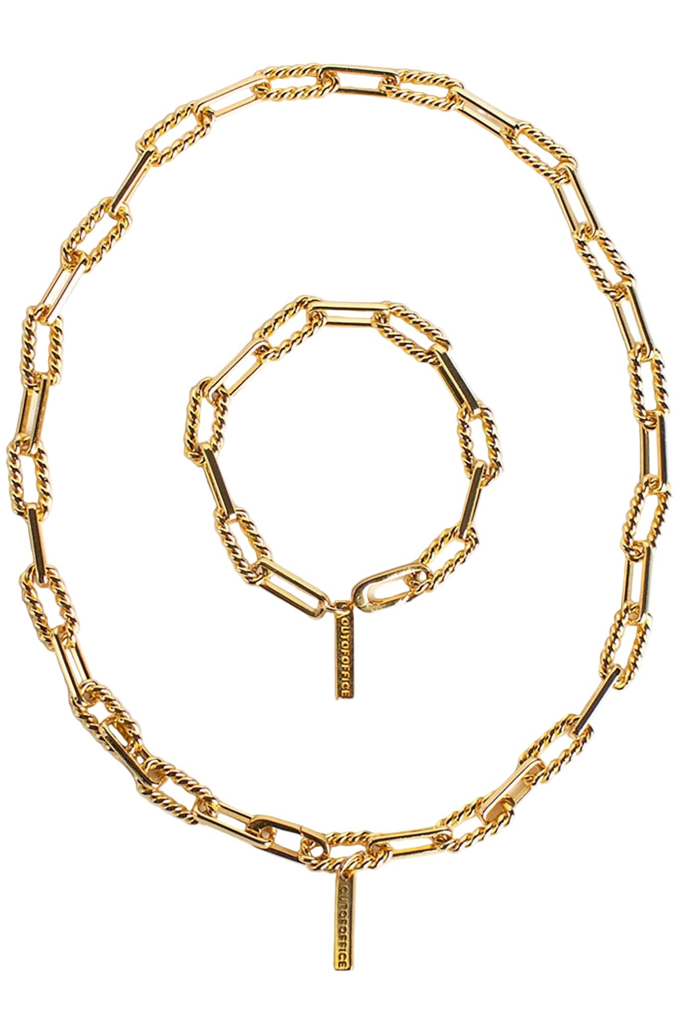 Gold Fill Twisted Paperclip Chain Necklace and bracelet on a white background