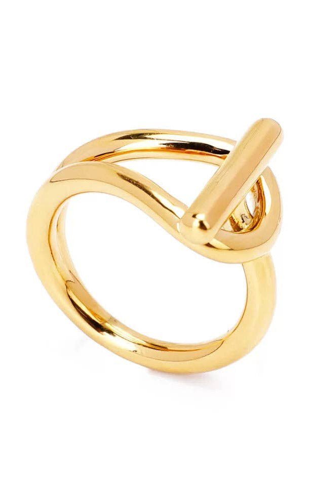 Uptown Golden Sculpted Buckle Ring on a white background