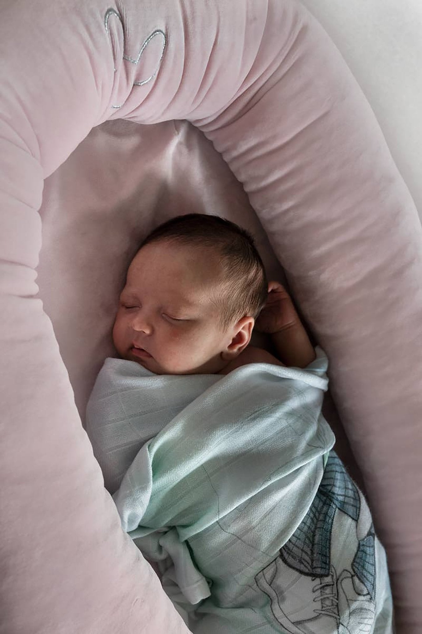 A baby is nestled inside the Velvet Baby Nest in Pink - L'Atelier Global