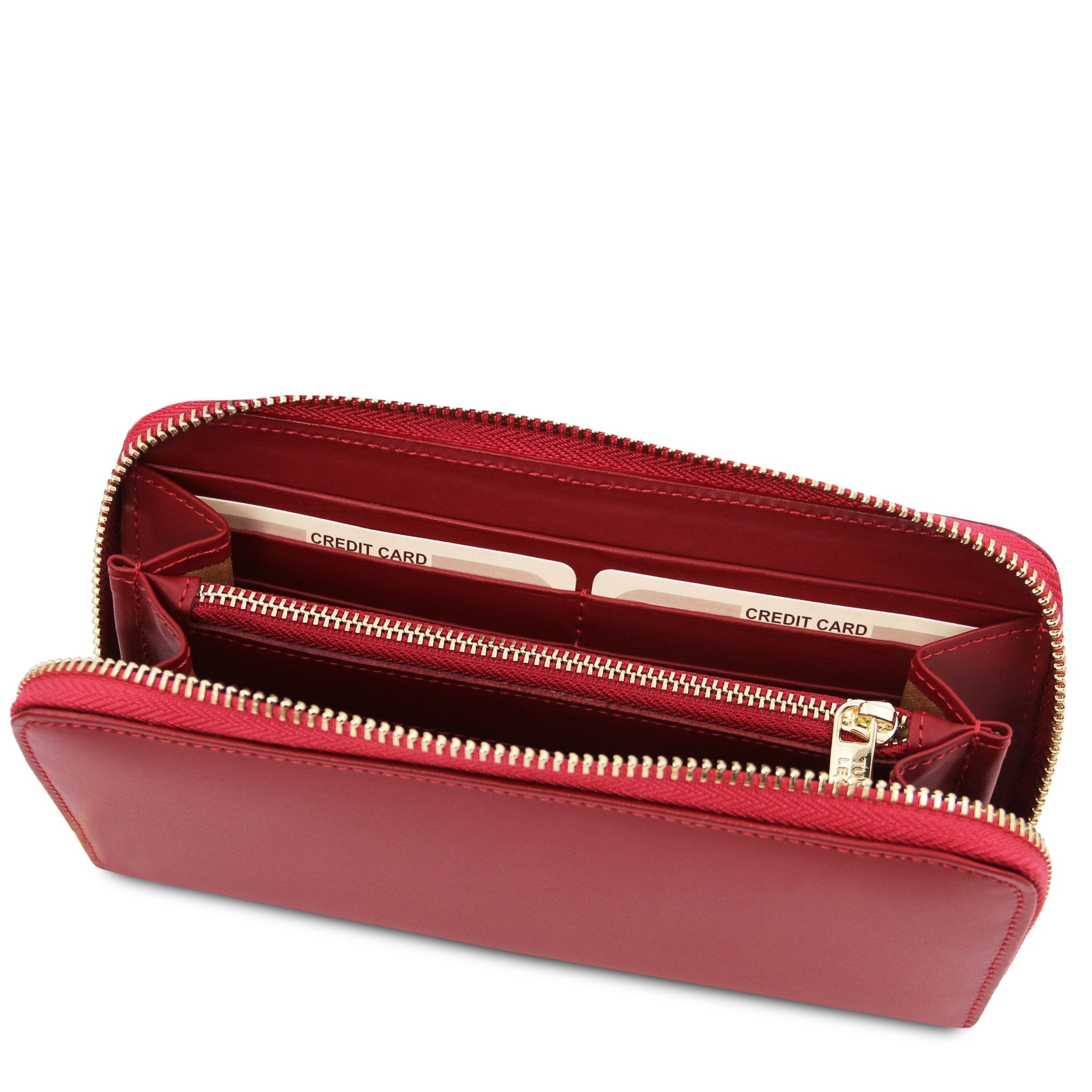 Top view of unzipped Venere Exclusive Leather Accordion Wallet in lipstick red showcasing full interior on a white background.