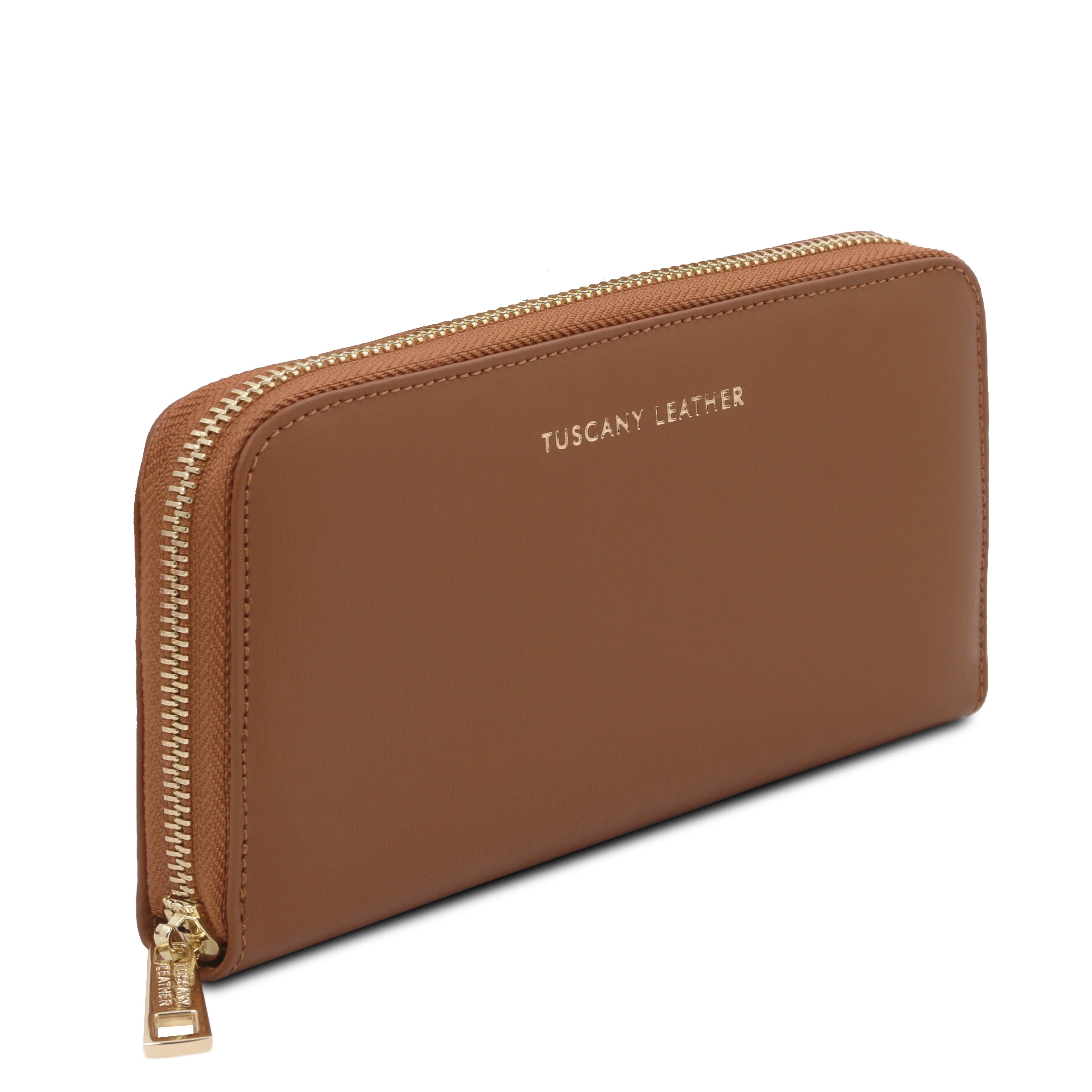 Side front angled view Venere Exclusive Leather Accordion Wallet in cognac, featuring a gold zipper and Tuscany Leather gold branding at the top center, set against a white background.