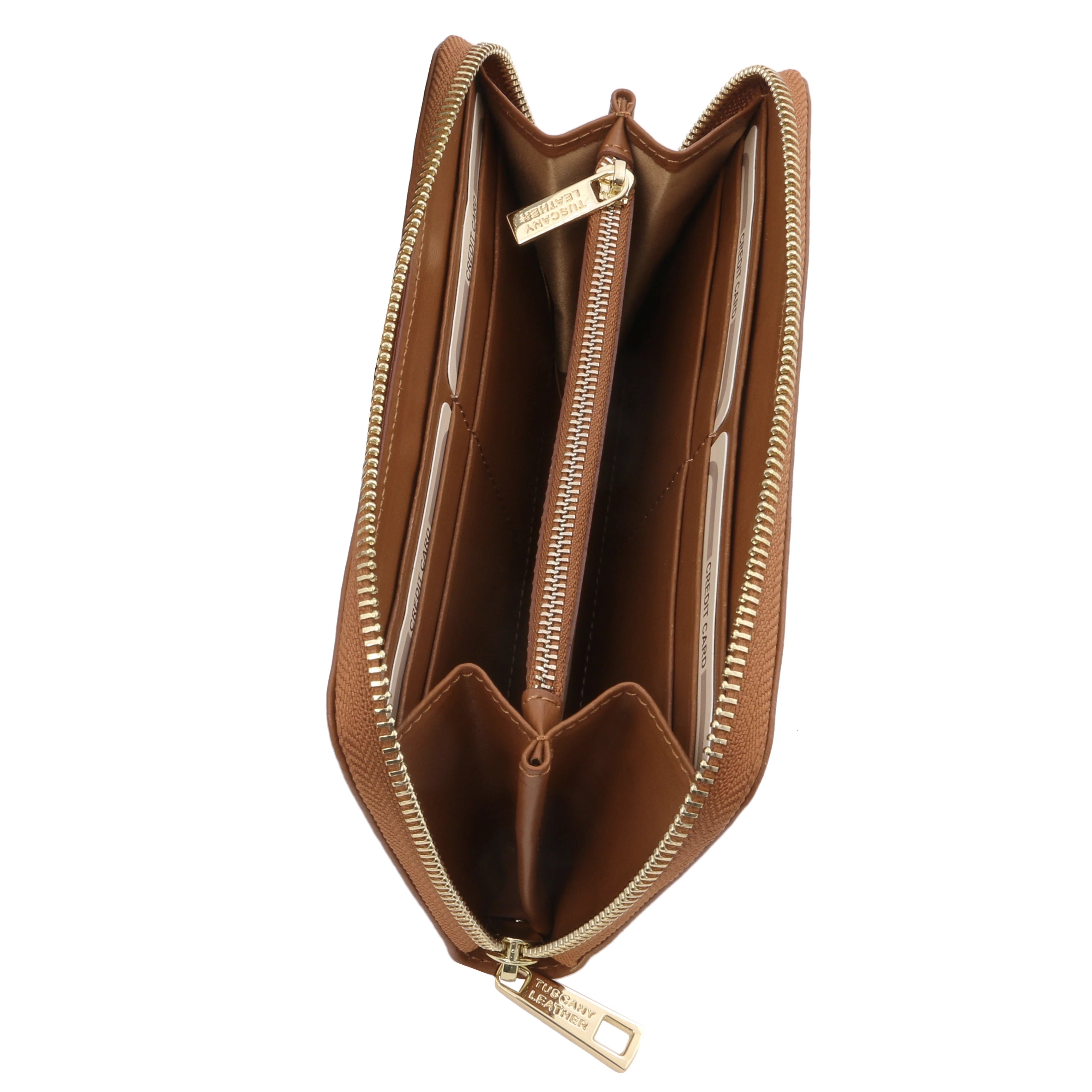 Top unzipped full interior view Venere Exclusive Leather Accordion Wallet with Zip Closure in cognac on white background, complimentary light tan lining