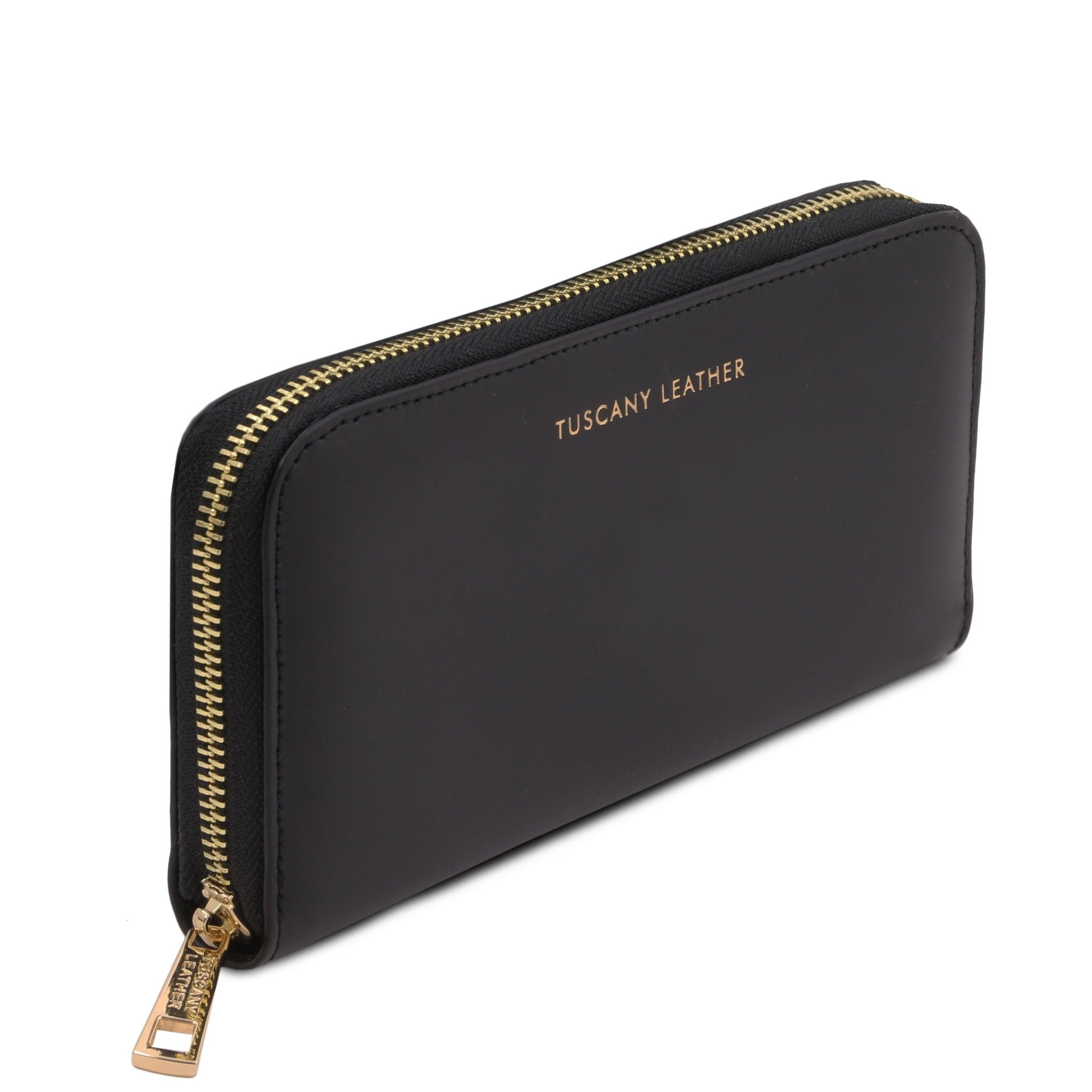 Side front angled view Venere Exclusive Leather Accordion Wallet in Black, featuring a gold zipper and Tuscany Leather gold branding at the top center, set against a white background.