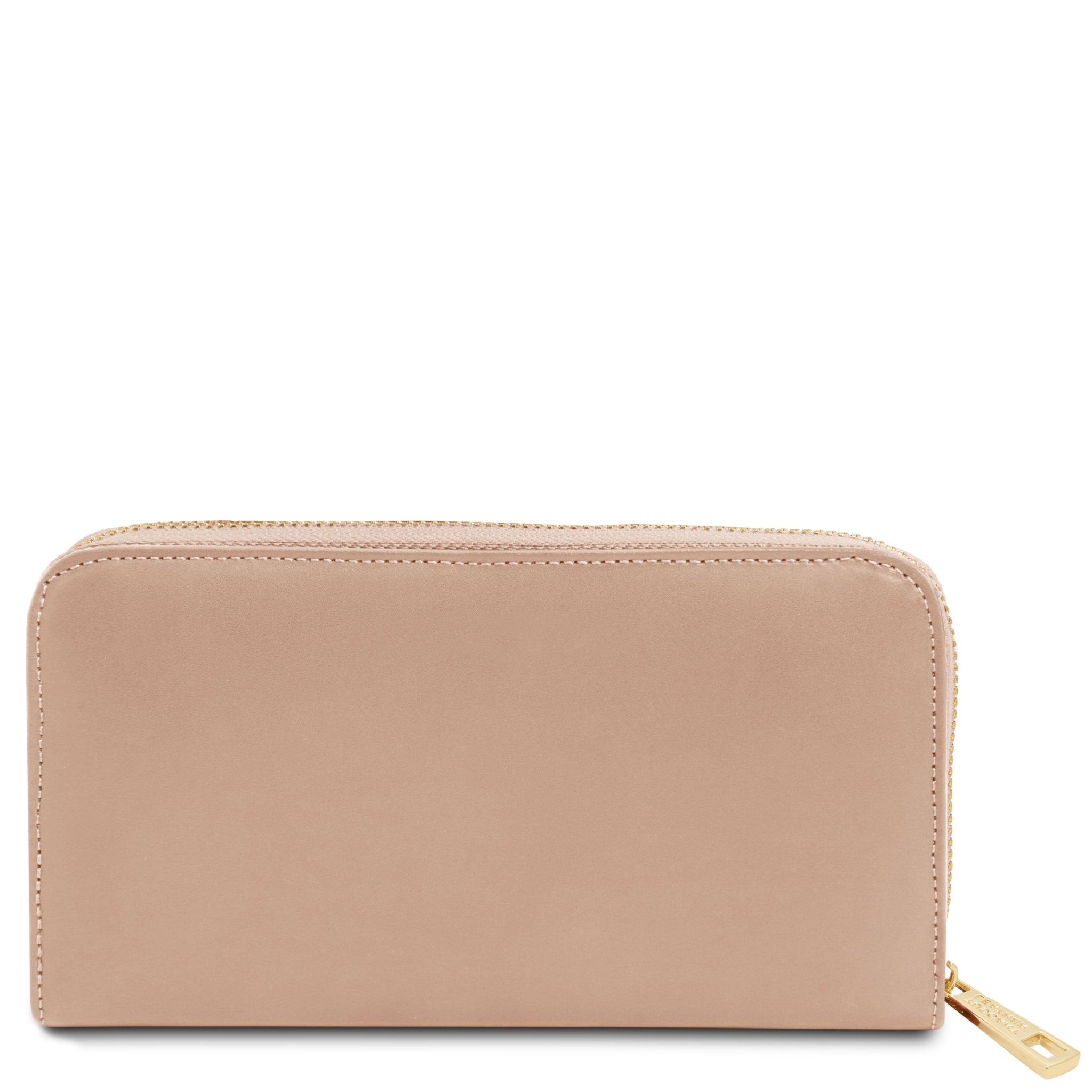 Bsck view Venere Exclusive Leather Accordion Wallet in champagne, featuring a gold zipper and Tuscany Leather gold branding at the top center, set against a white background.