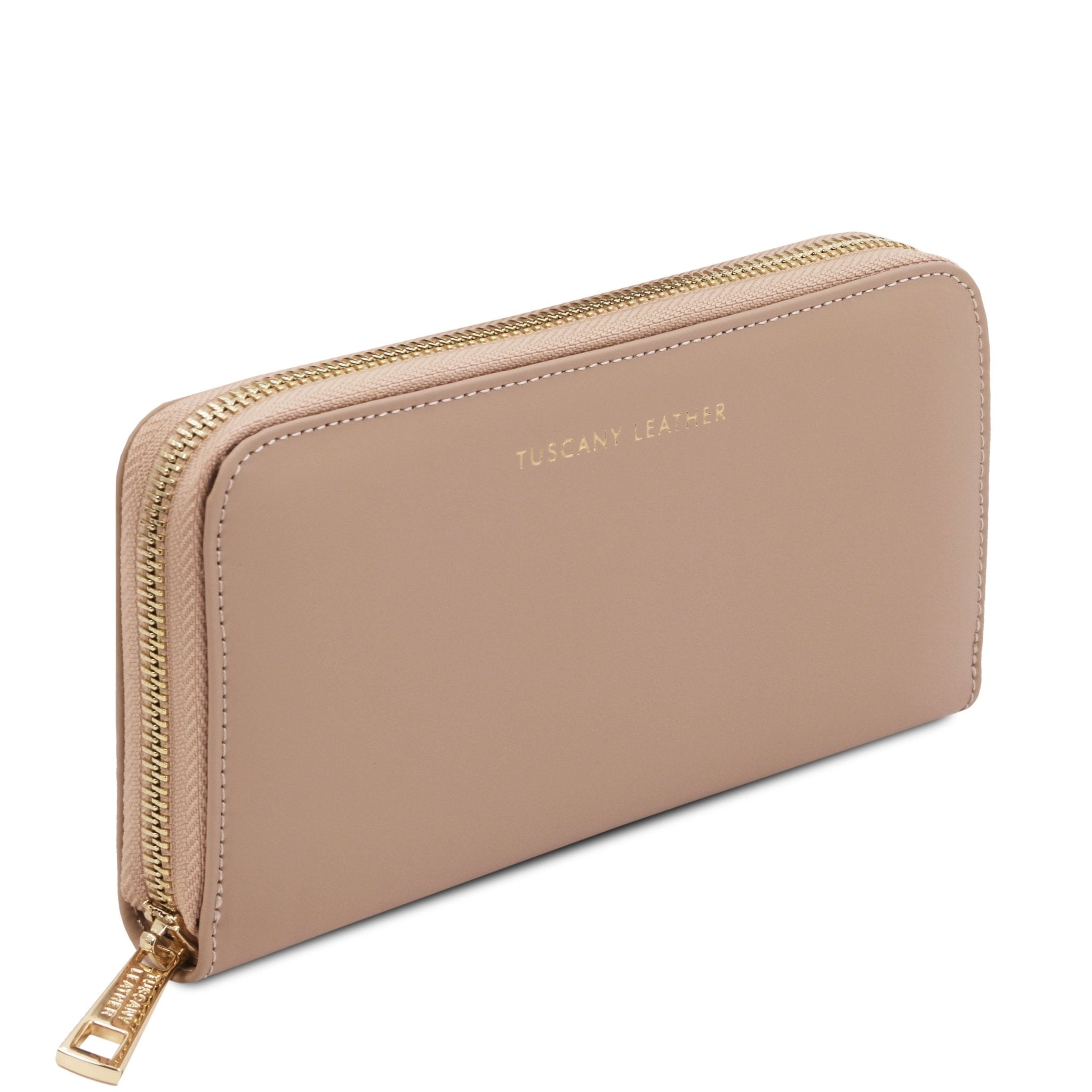 Side front angled view Venere Exclusive Leather Accordion Wallet in champagne, featuring a gold zipper and Tuscany Leather gold branding at the top center, set against a white background.