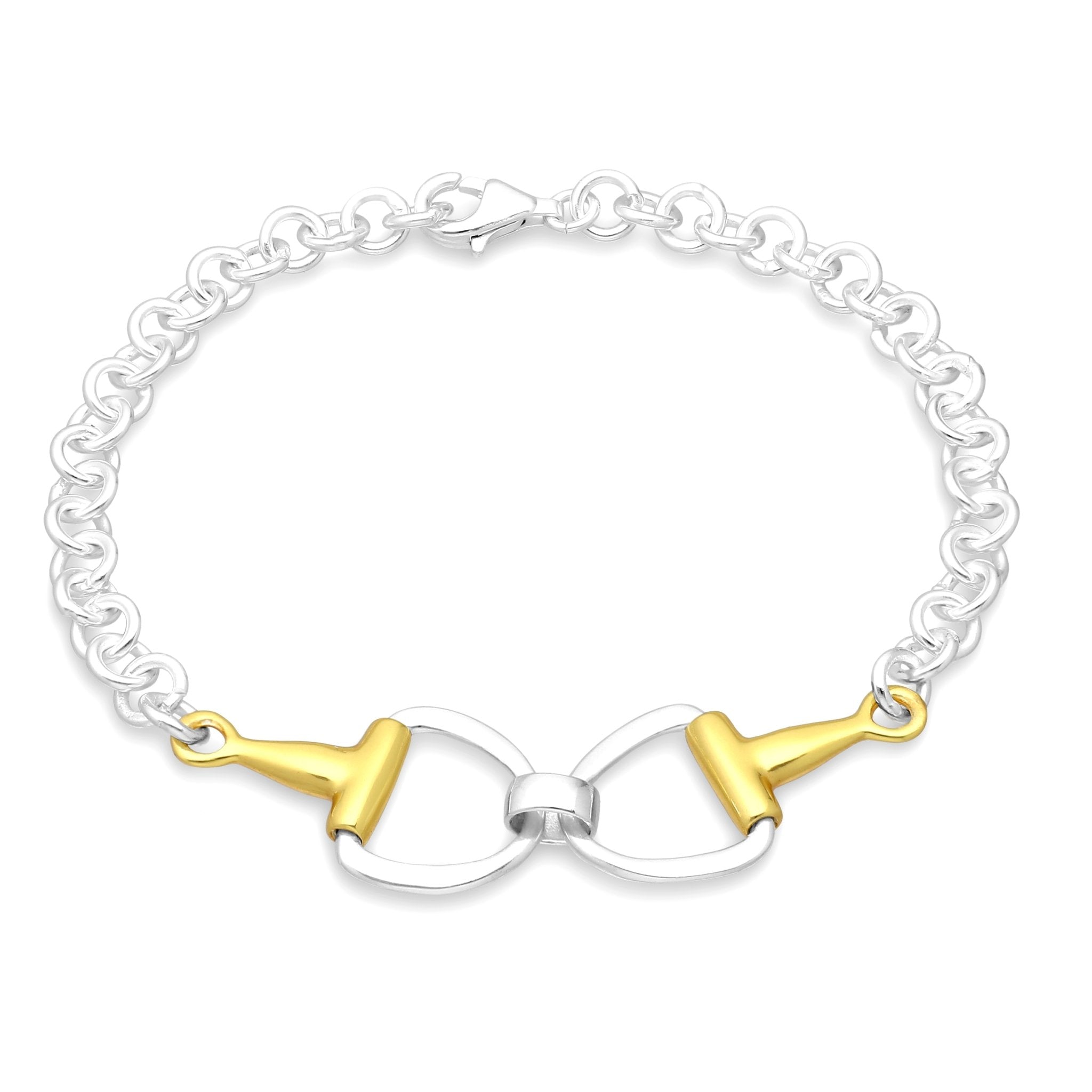 Vermeil Equestrian Italian Gold Stirrup Silver Bracelet on a white background . The stirrup has gold accents while the bracelet is silver