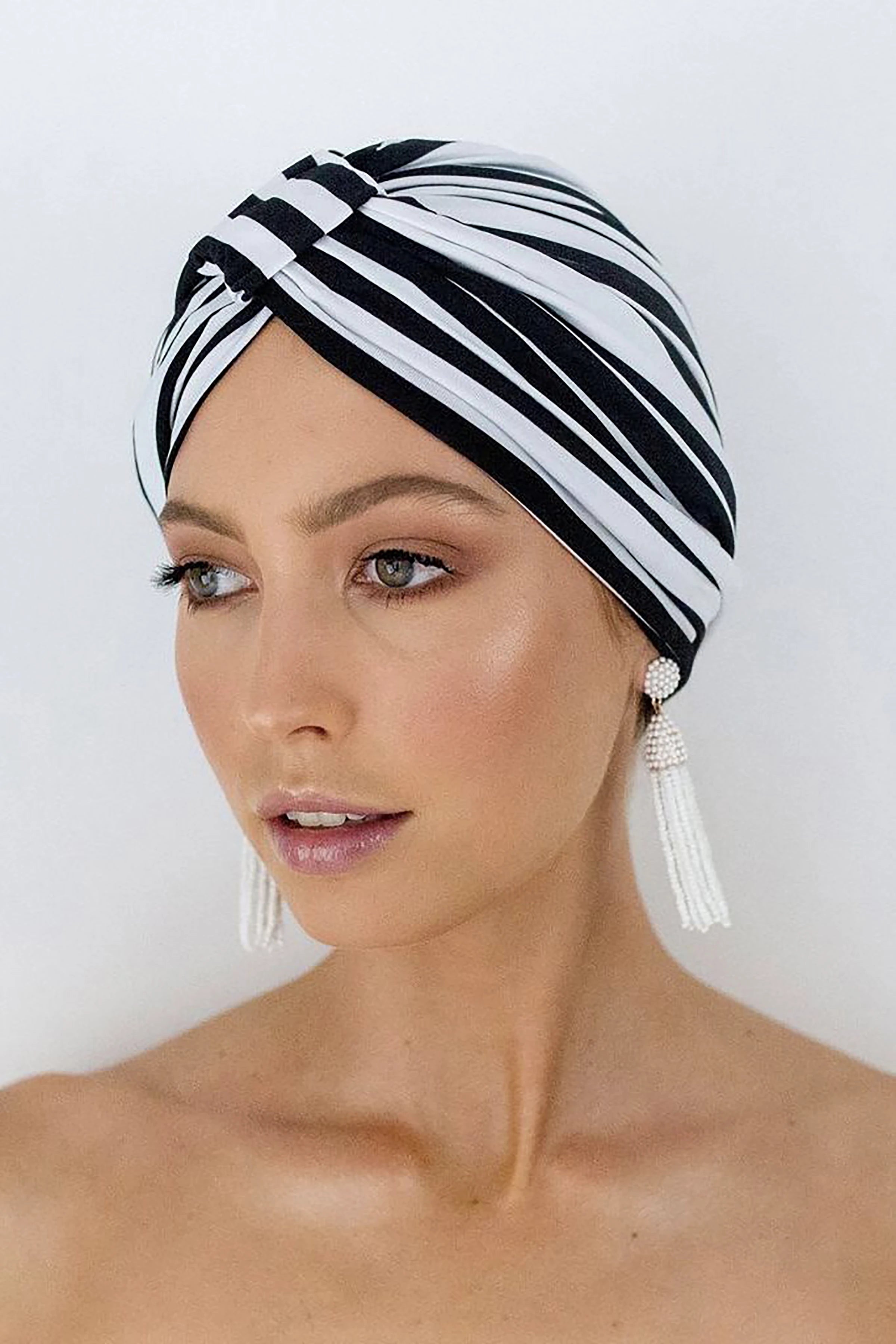Vintage Turban Shower Cap In Stripes on a model - L'Atelier Global
