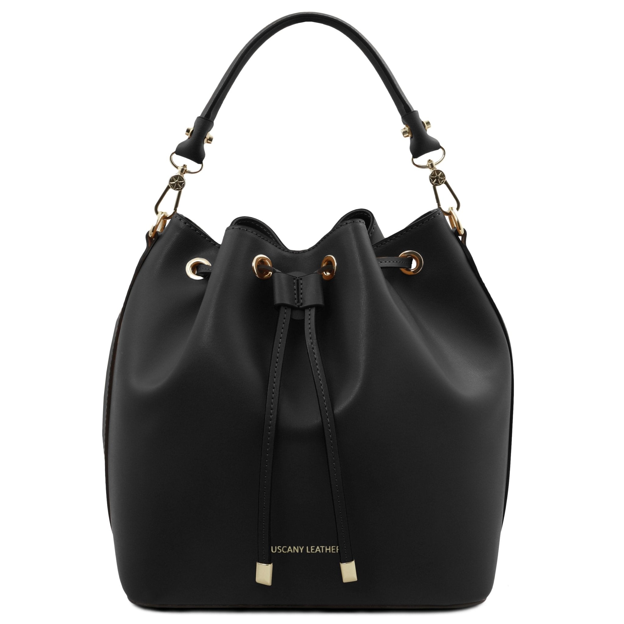 Front view of Vittoria Leather Bucket Bag in black on a white background - L'Atelier Global
