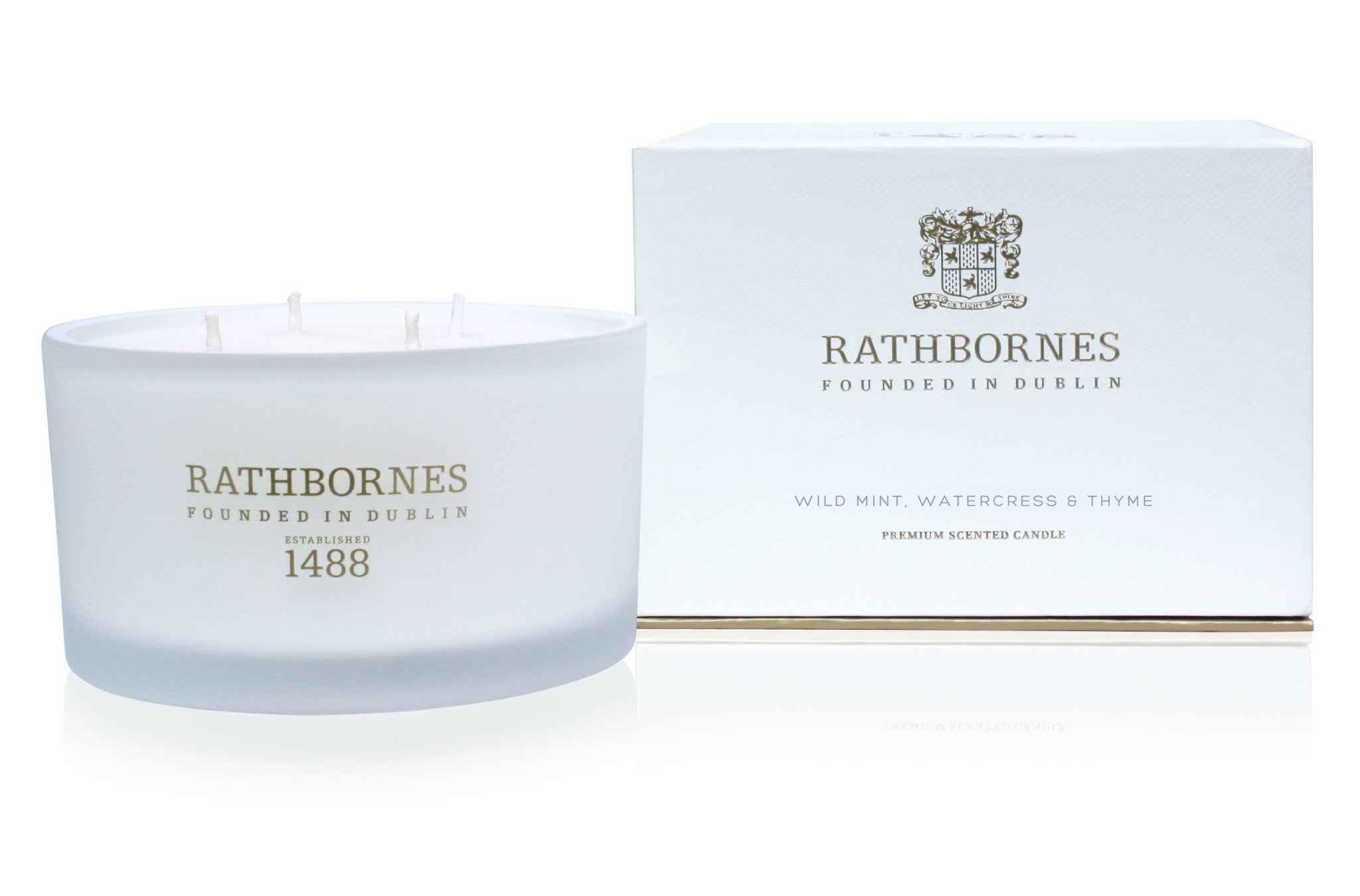 Wild Mint, Watercress and Thyme Luxury Beeswax Candle and box on a white background