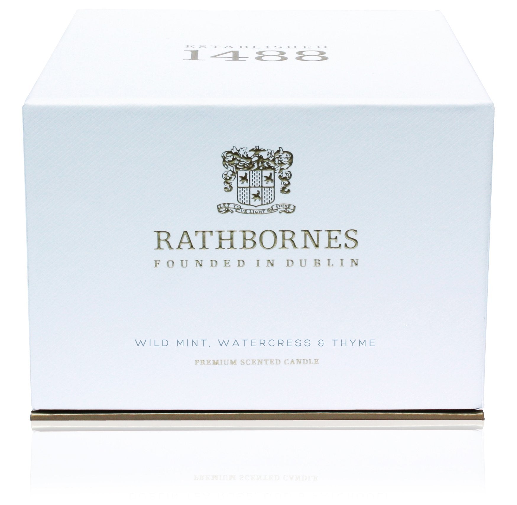 Wild Mint, Watercress and Thyme Luxury Beeswax Candle box on a white background