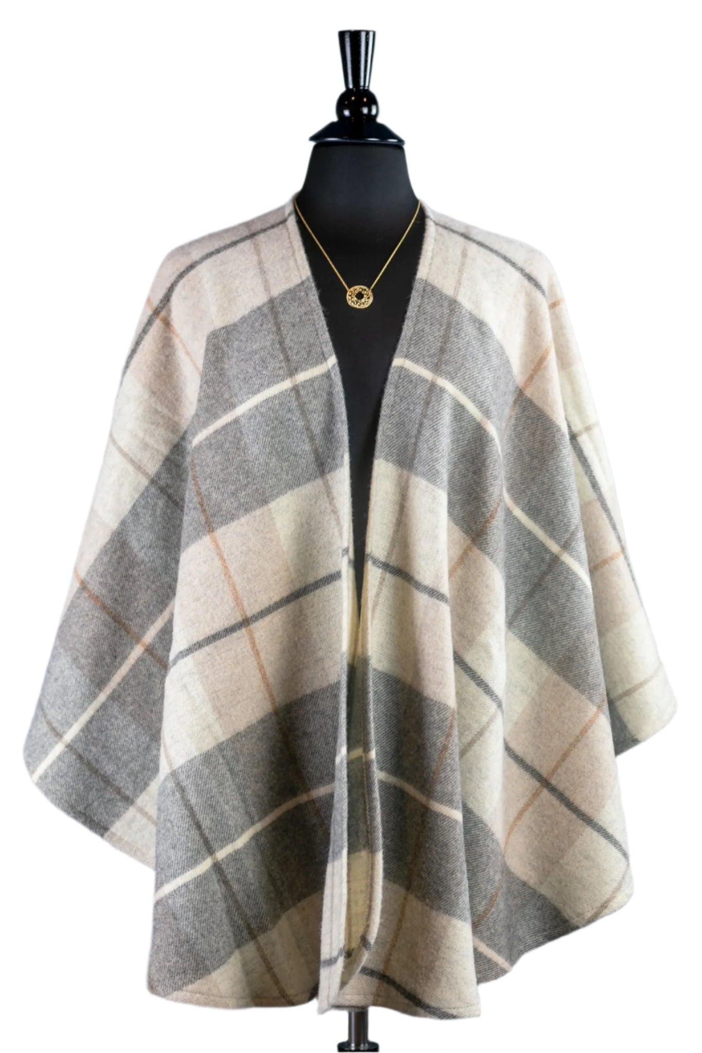 Winter Cozy Tartan Ruana Wrap on a black bust form