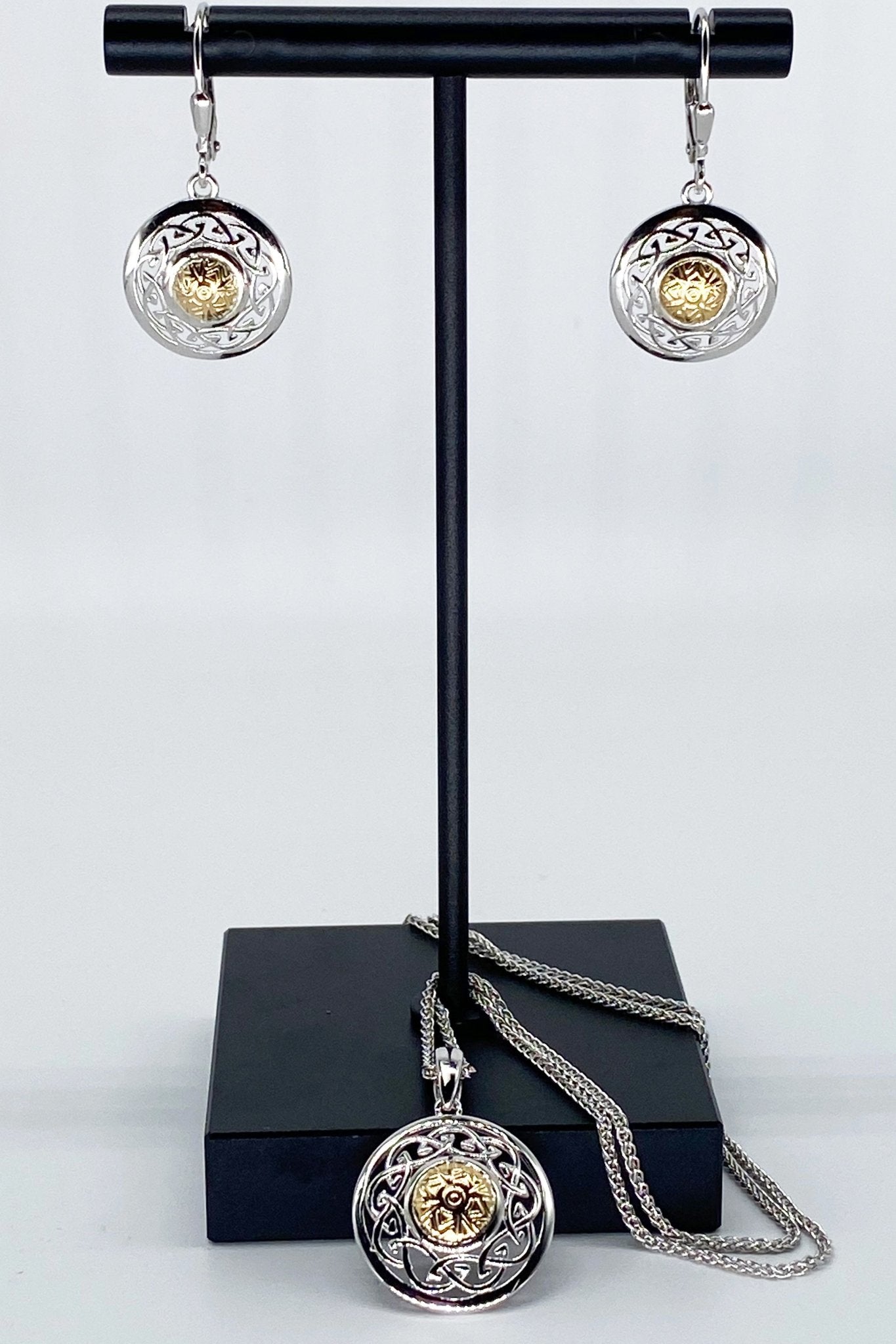 Irish Winter Solstice Gold Bead Silver Earrings and Necklace on a black metal jewelry stand - L'Atelier Global