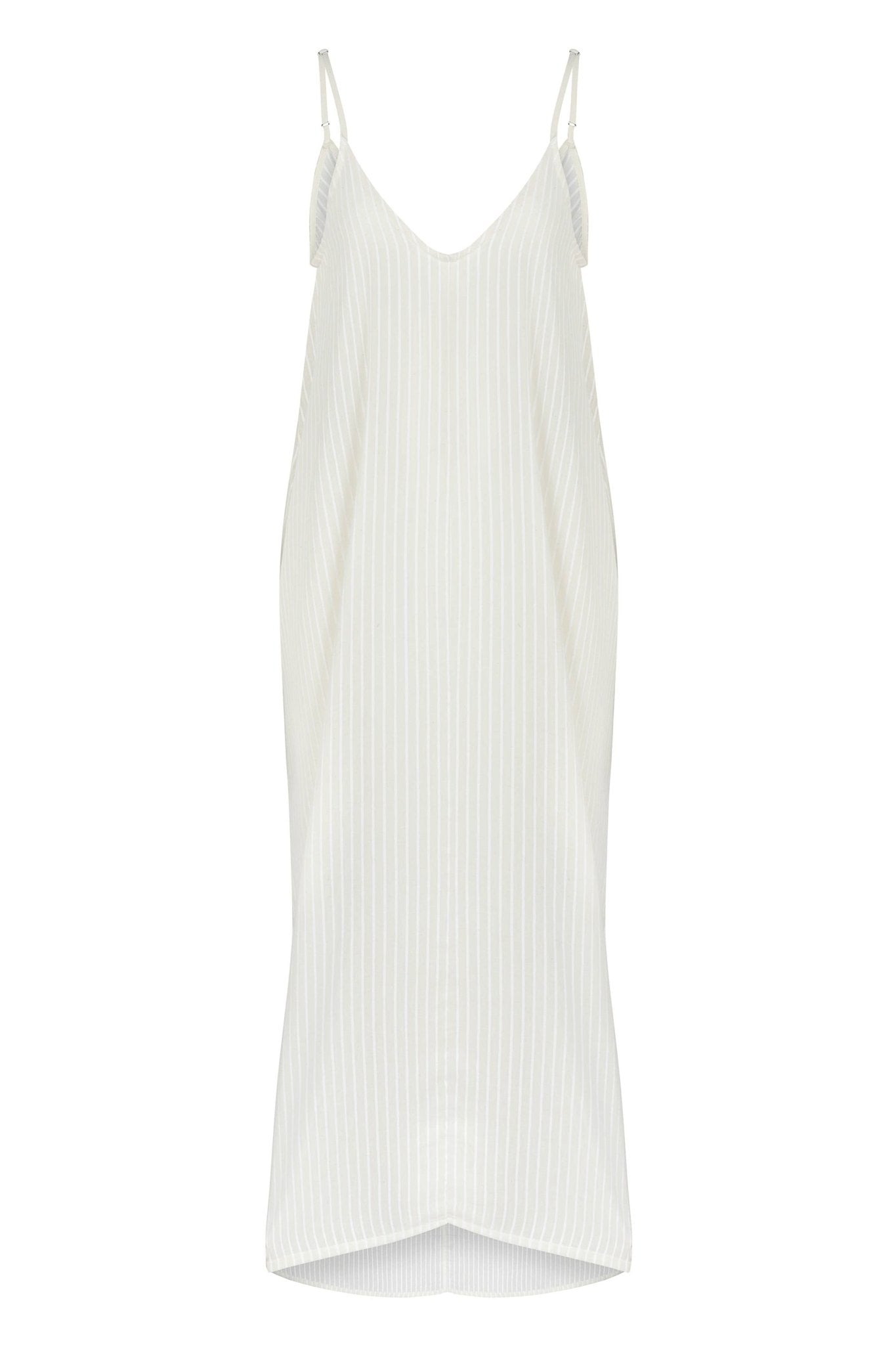 Yaz Dress in Natural with White Stripes on a white background