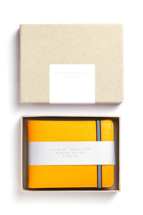 Yellow Minimalist Wallet With Coin Pocket and box on a white background - L'Atelier Global