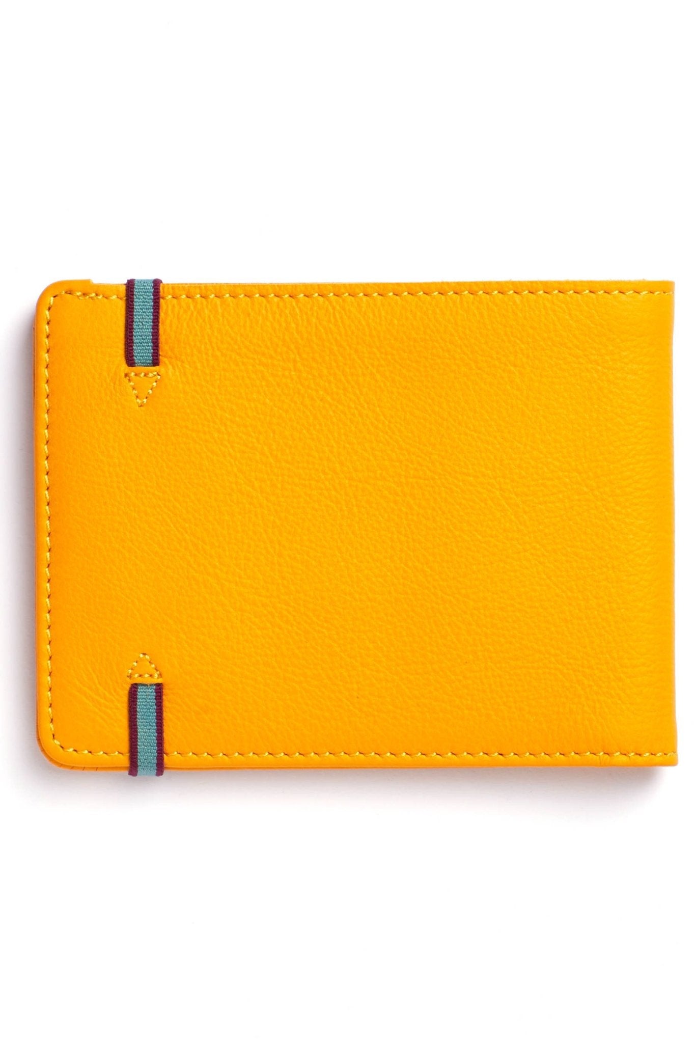 A back view of the Yellow Wallet with a light blue and burgundy elastic closure on a white background - L'Atelier Global