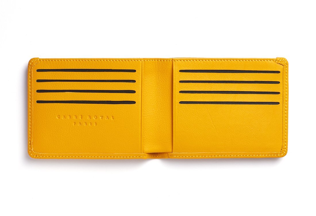Interior view of the Yellow Wallet showing 8 card slots and an ope pocket - L'Atelier Global