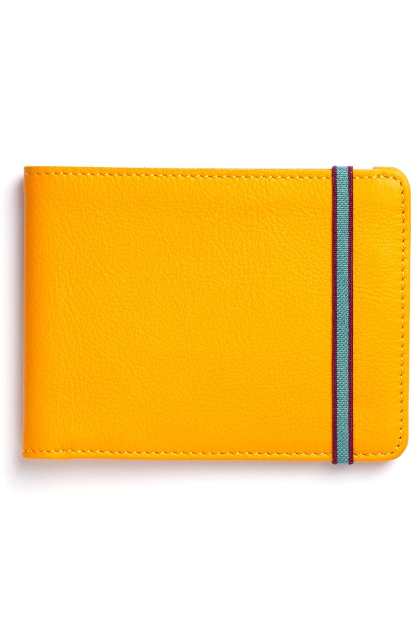 Yellow Wallet with a light blue and burgundy elastic closure on a white background - L'Atelier Global