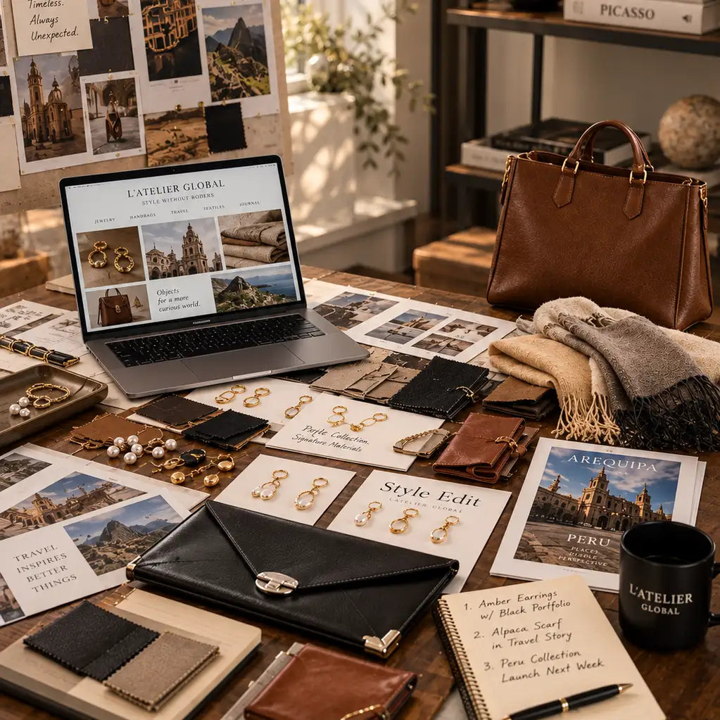 Close up of desk with a computer and merchandising creative designs, jewelry, bag and scarf samples.
