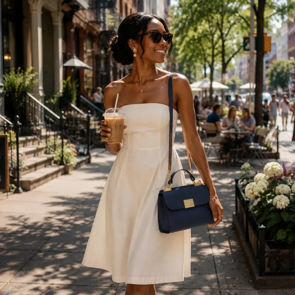 Woman in a white strapless dress carrying a navy leather handbag on a city street