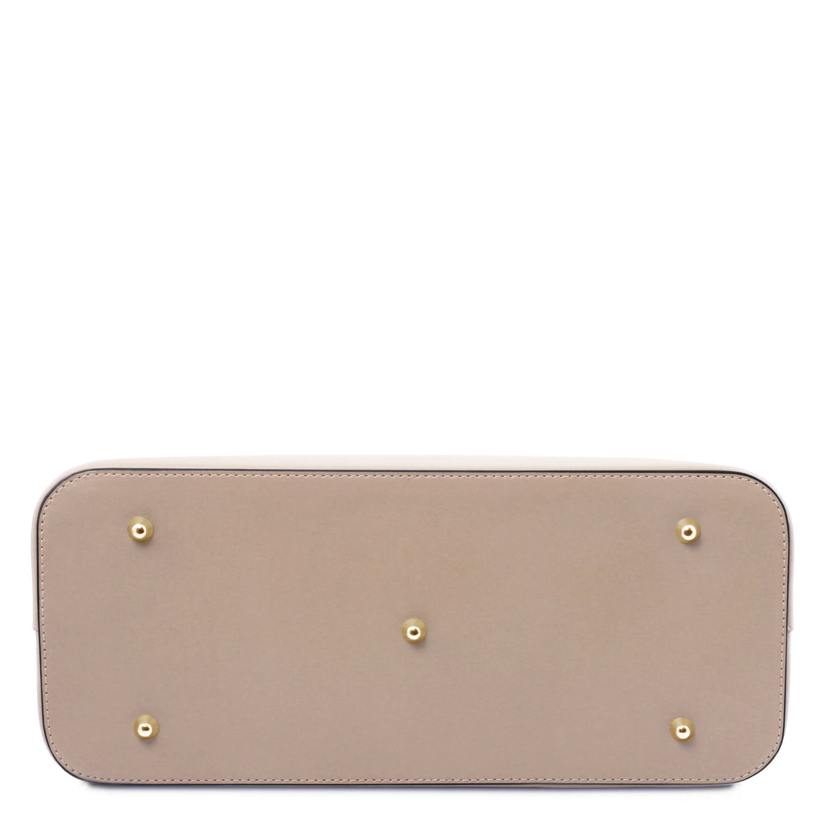 The underside of a light taupe leather handbag, featuring five gold-tone grommets on a plain white background.
