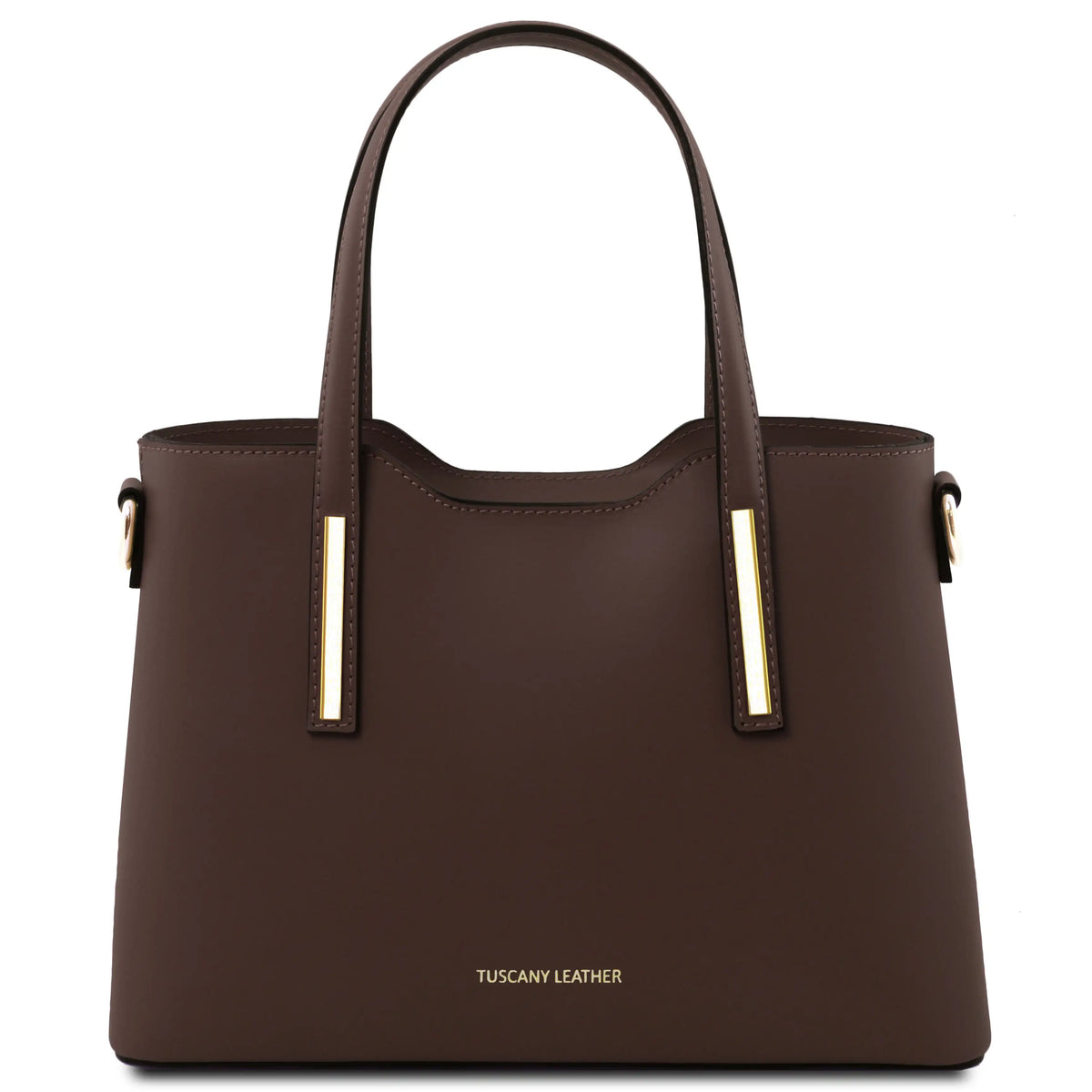 Front View Olimpia Leather Tote in dark chocolate brown showing golden metal accents ona white background.