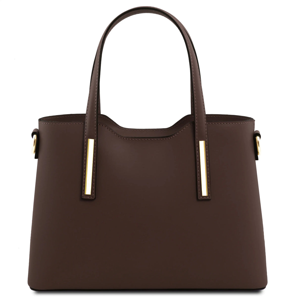 Olimpia dark chocolate leather handbag with dual top handles, gold-tone hardware, and vertical gold accent bars on the handle attachments, shown against a plain white background.