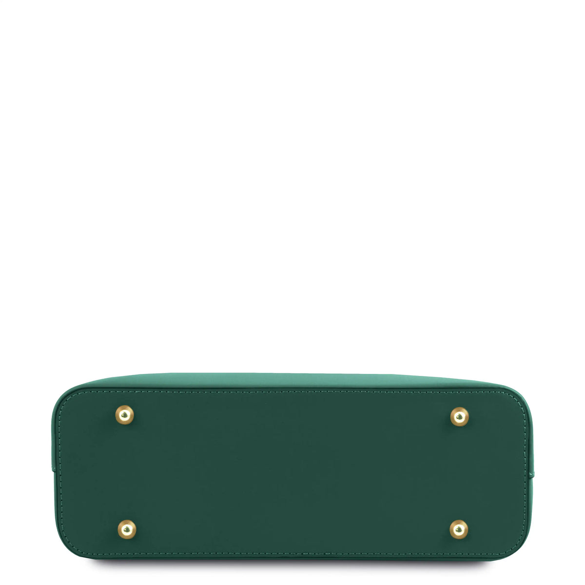 The bottom of a teal leather handbag  featuring four small gold-tone protective metal studs, shown against a plain white background.