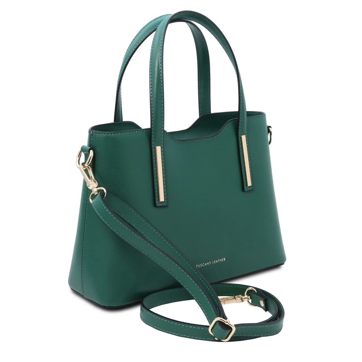 A teal leather handbag with double top handles and a detachable shoulder strap, featuring gold-tone hardware set against a plain white background.