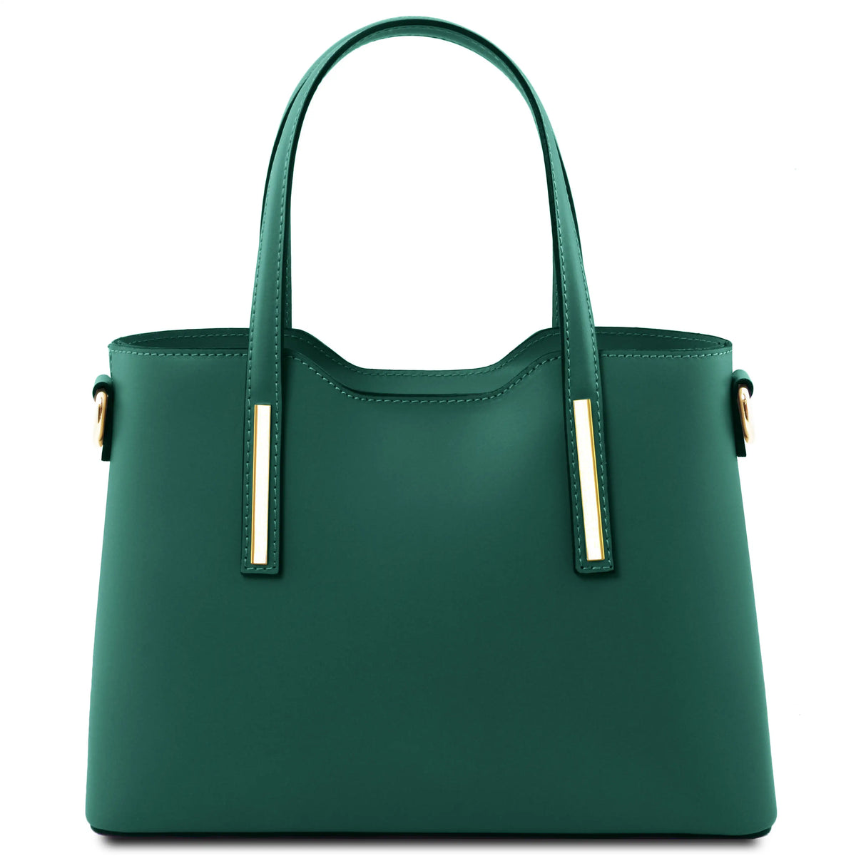 Olimpia teal leather handbag with dual top handles, gold-tone hardware, and vertical gold accent bars on the handle attachments, shown against a plain white background.